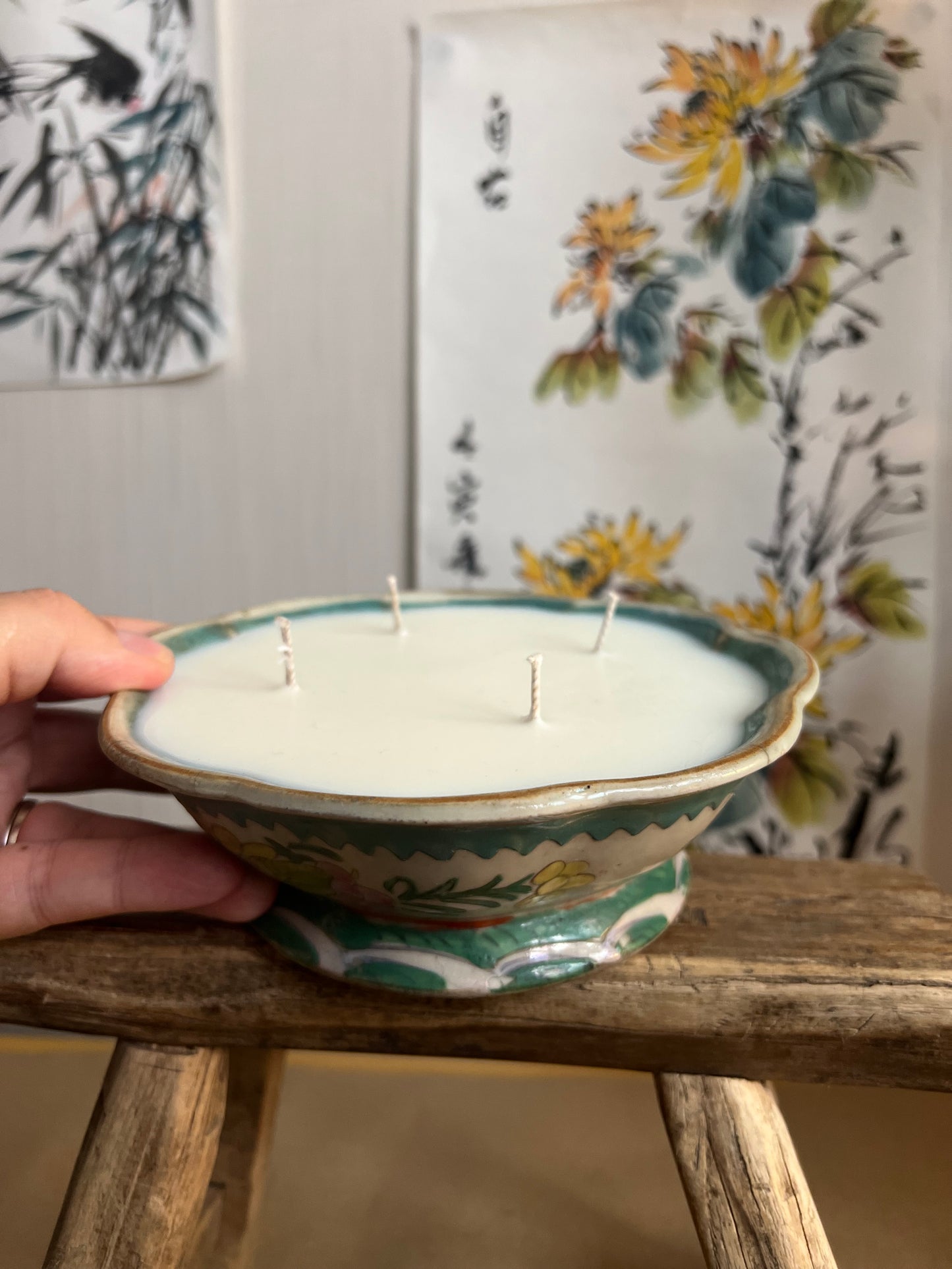 Antique hand-painted bowl 4 wicks Candle