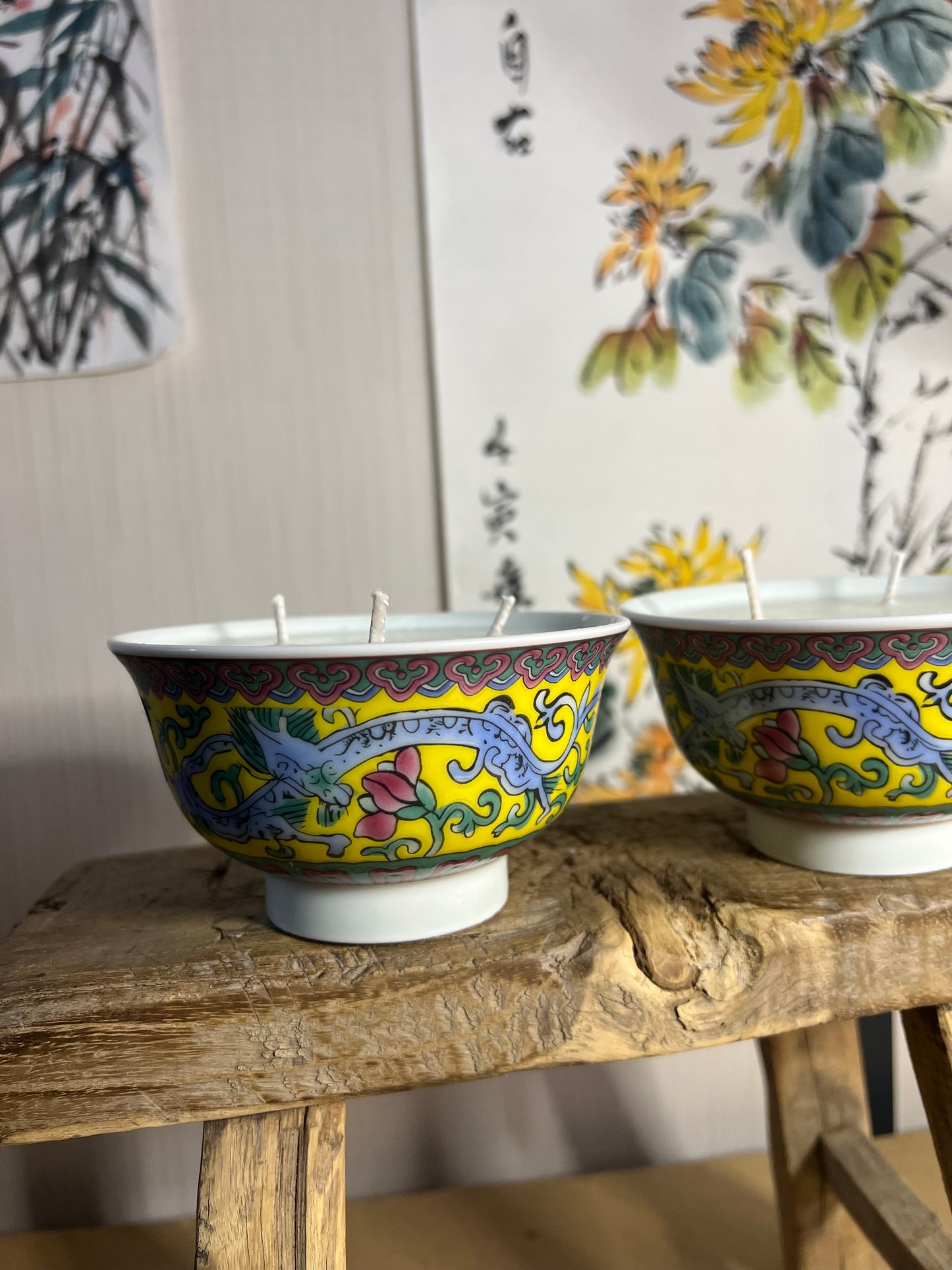 Pair of yellow dragon flower candles