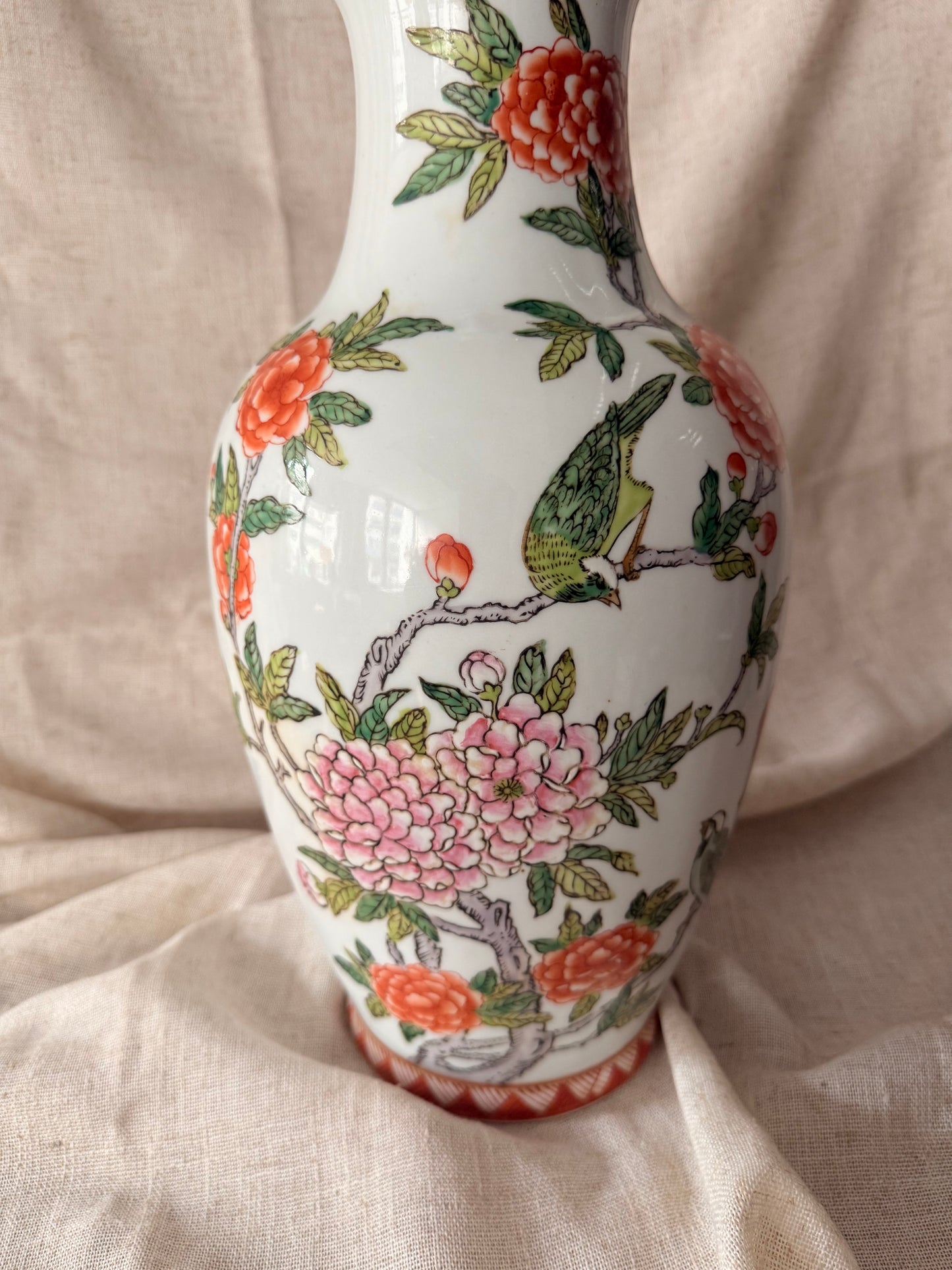 Hand painted in HK stunning blooms and bird vase