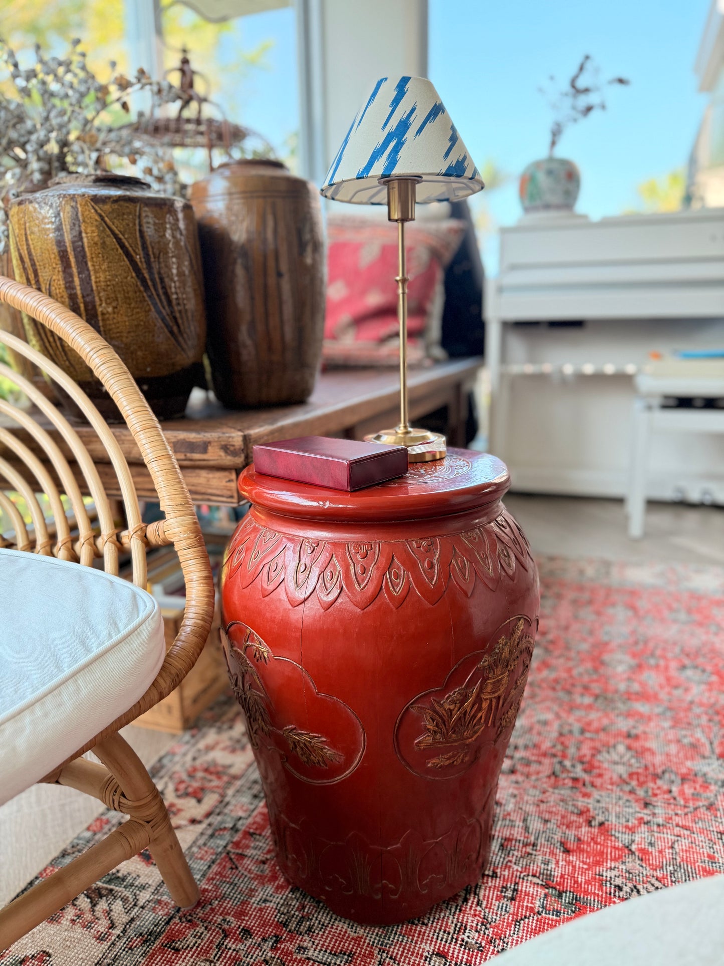 Carved wood vintage oriental stool