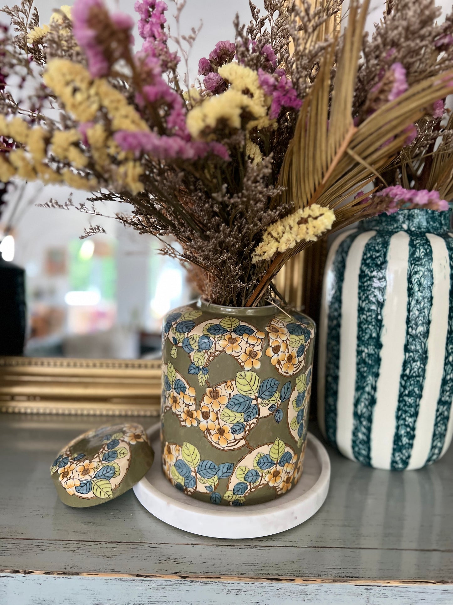 Kaki green floral jar