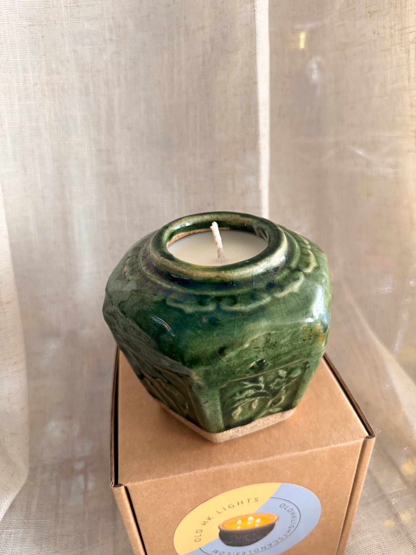 Antique small green jar candle