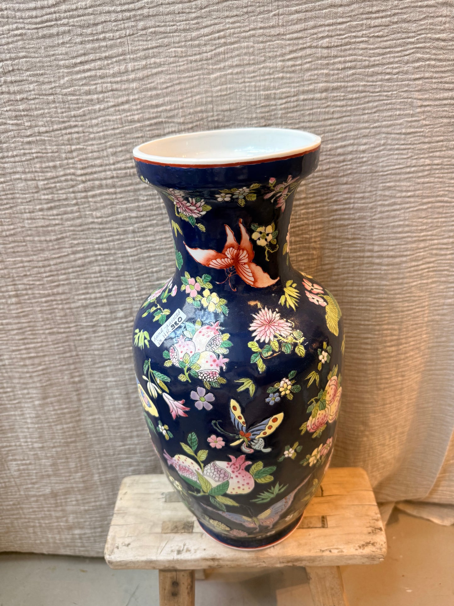 Navy birds and butterfly hand painted Vase