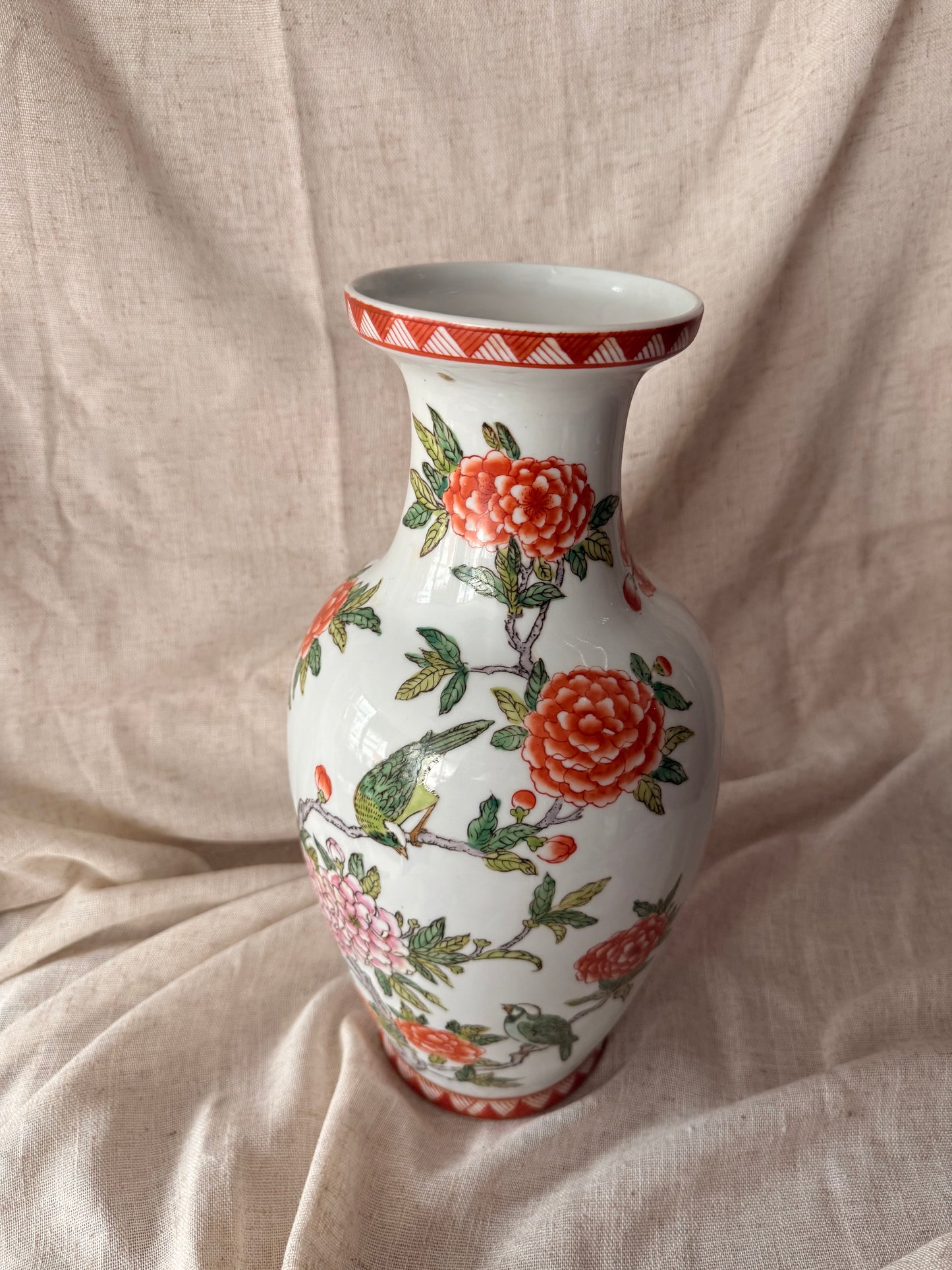 Hand painted in HK stunning blooms and bird vase