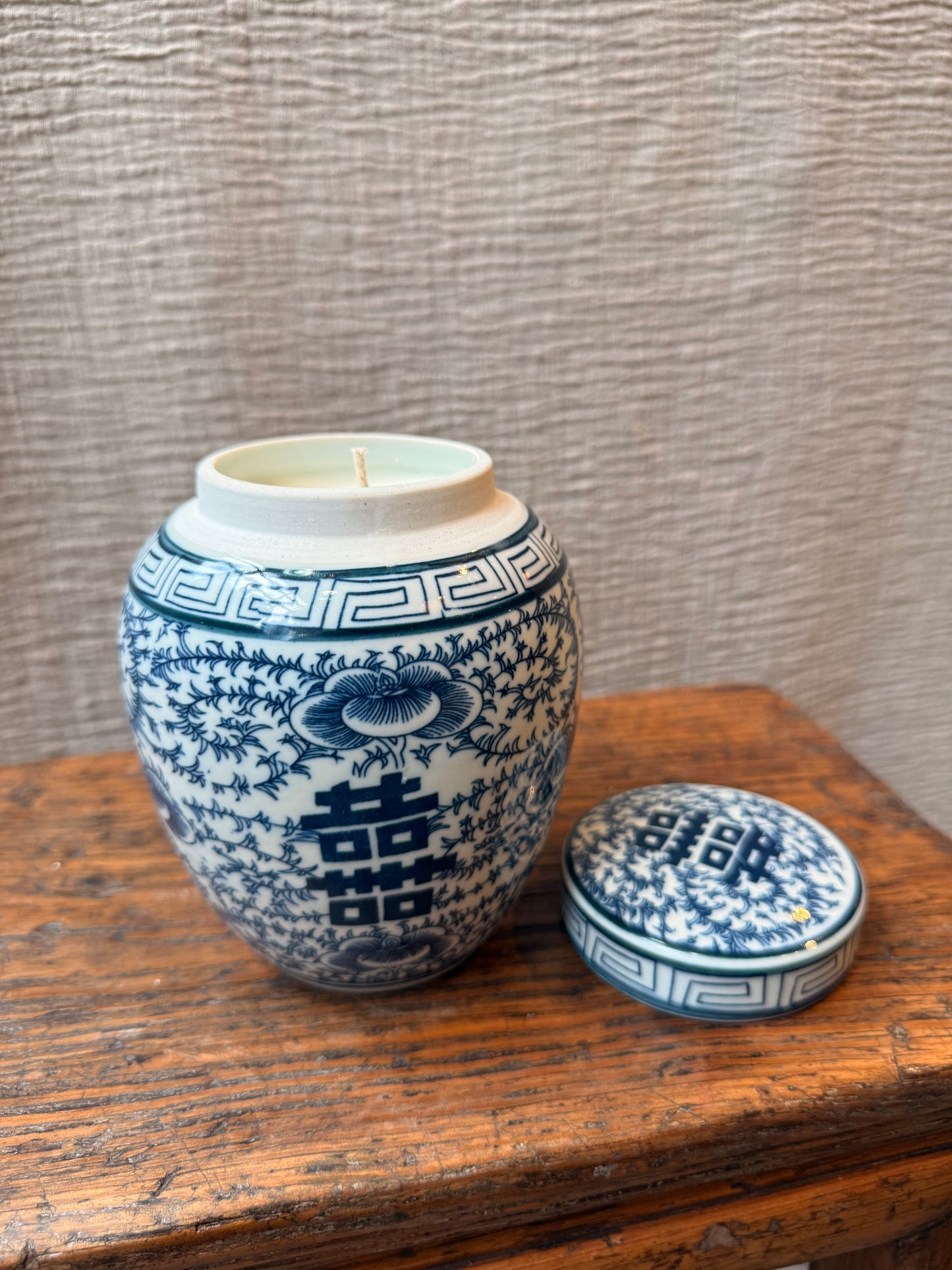 Double Happiness Blue & White Candle Jar
