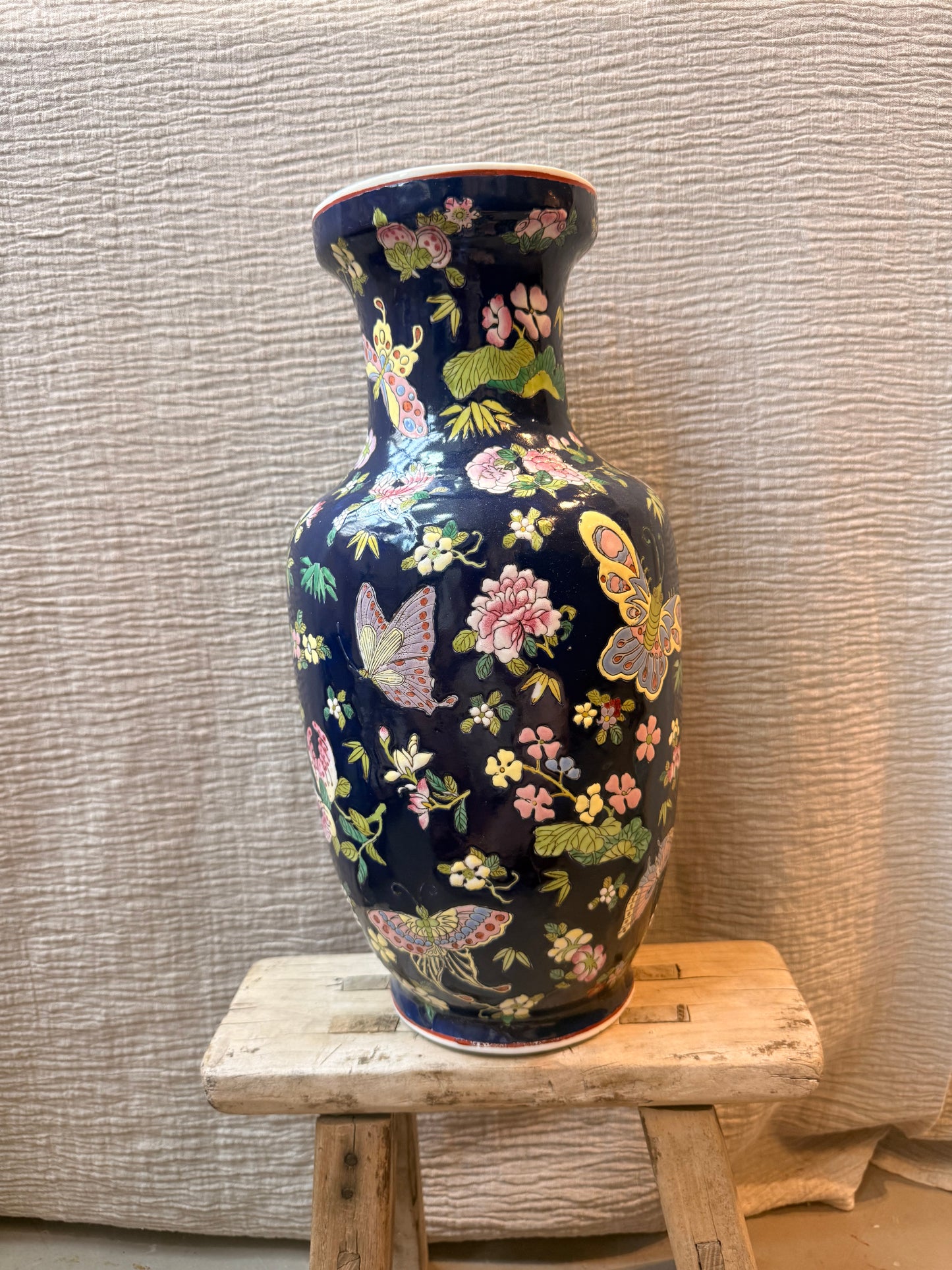 Navy birds and butterfly hand painted Vase