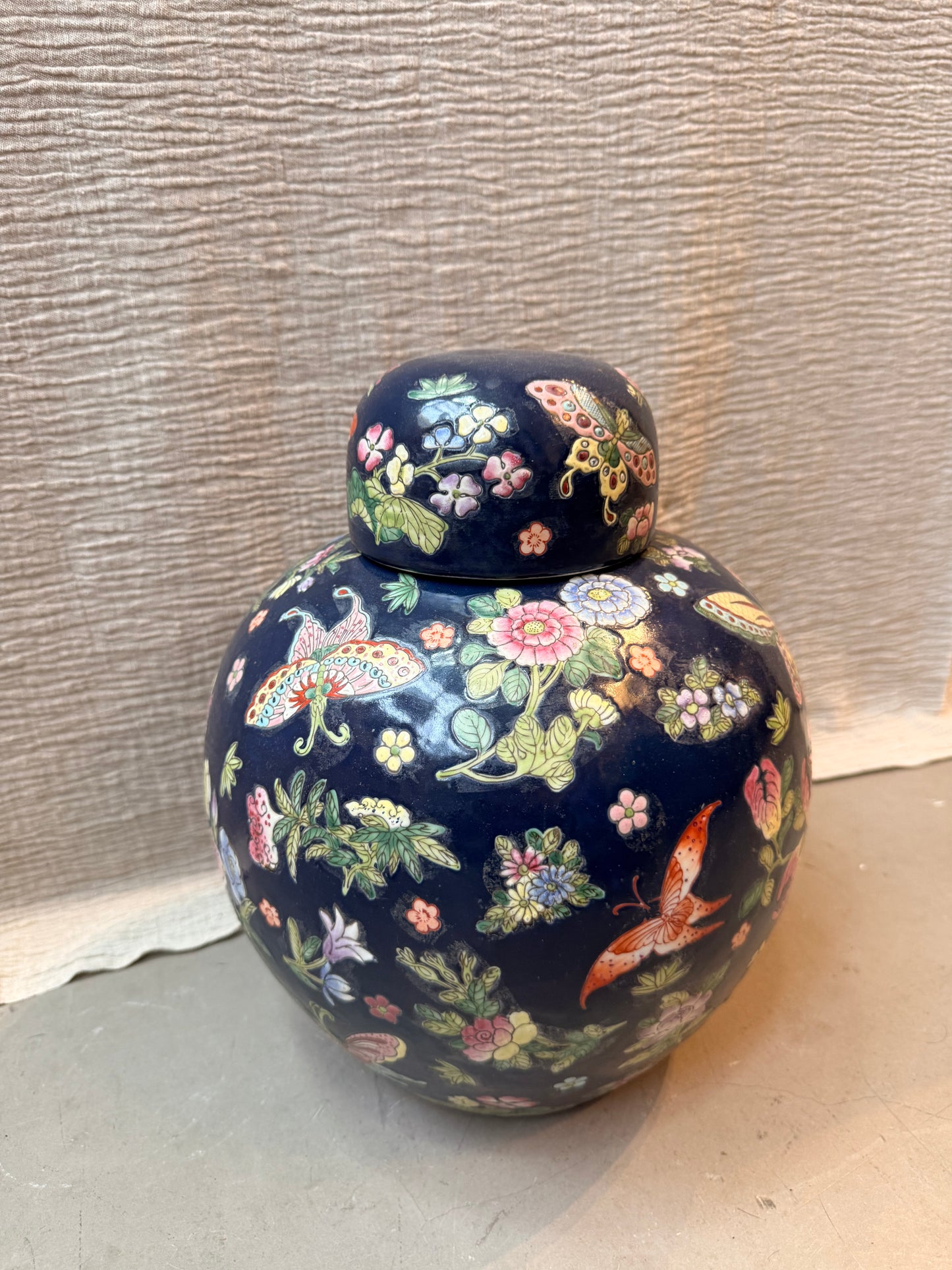 Large navy and flowers Ginger Jar