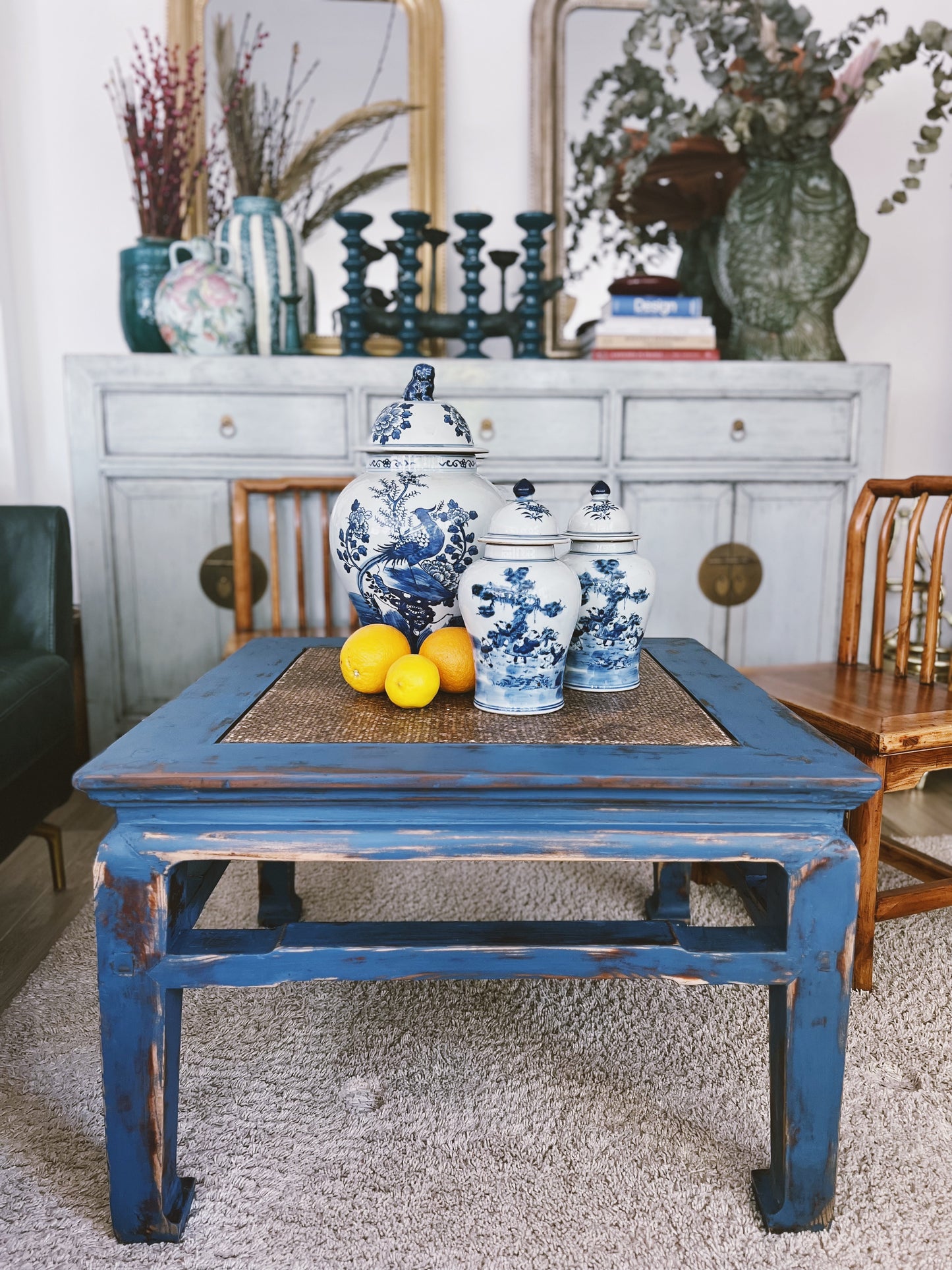 Elm wood antique renovated blue coffee table