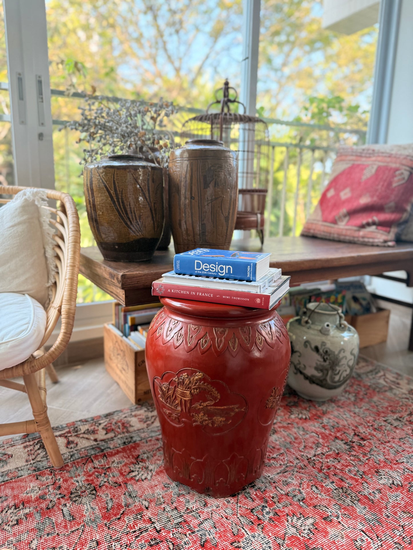 Carved wood vintage oriental stool