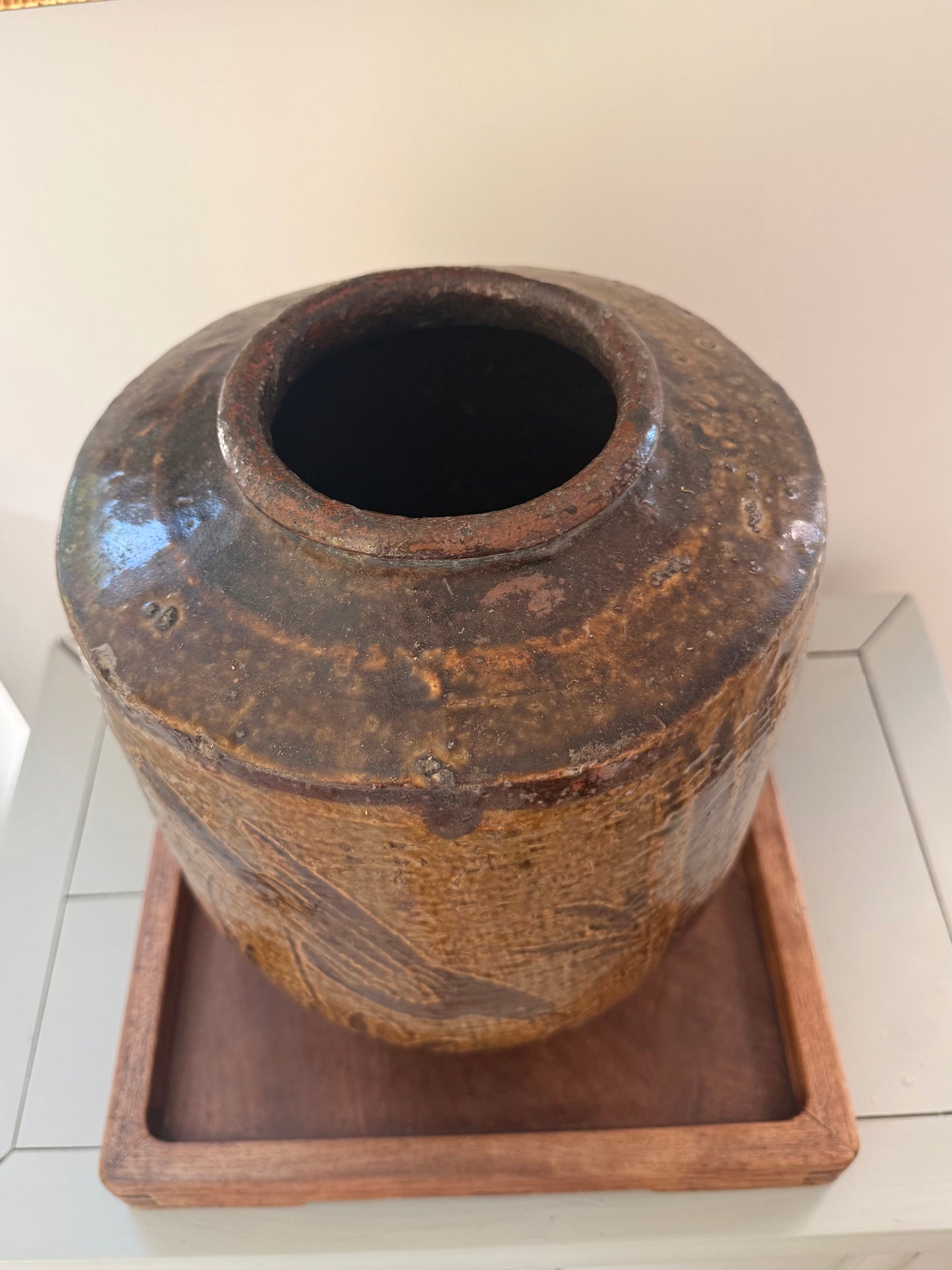Large ochre antique Bird Vase