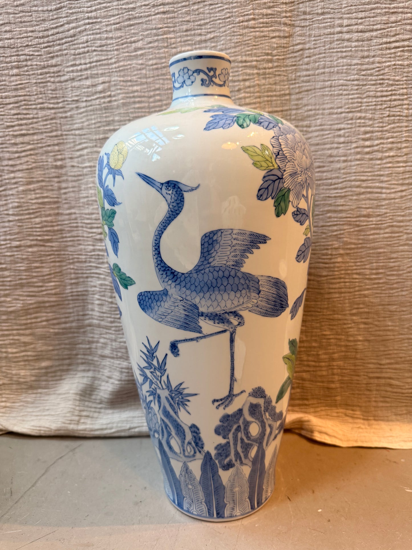 Tall peonies and crane hand painted Vase