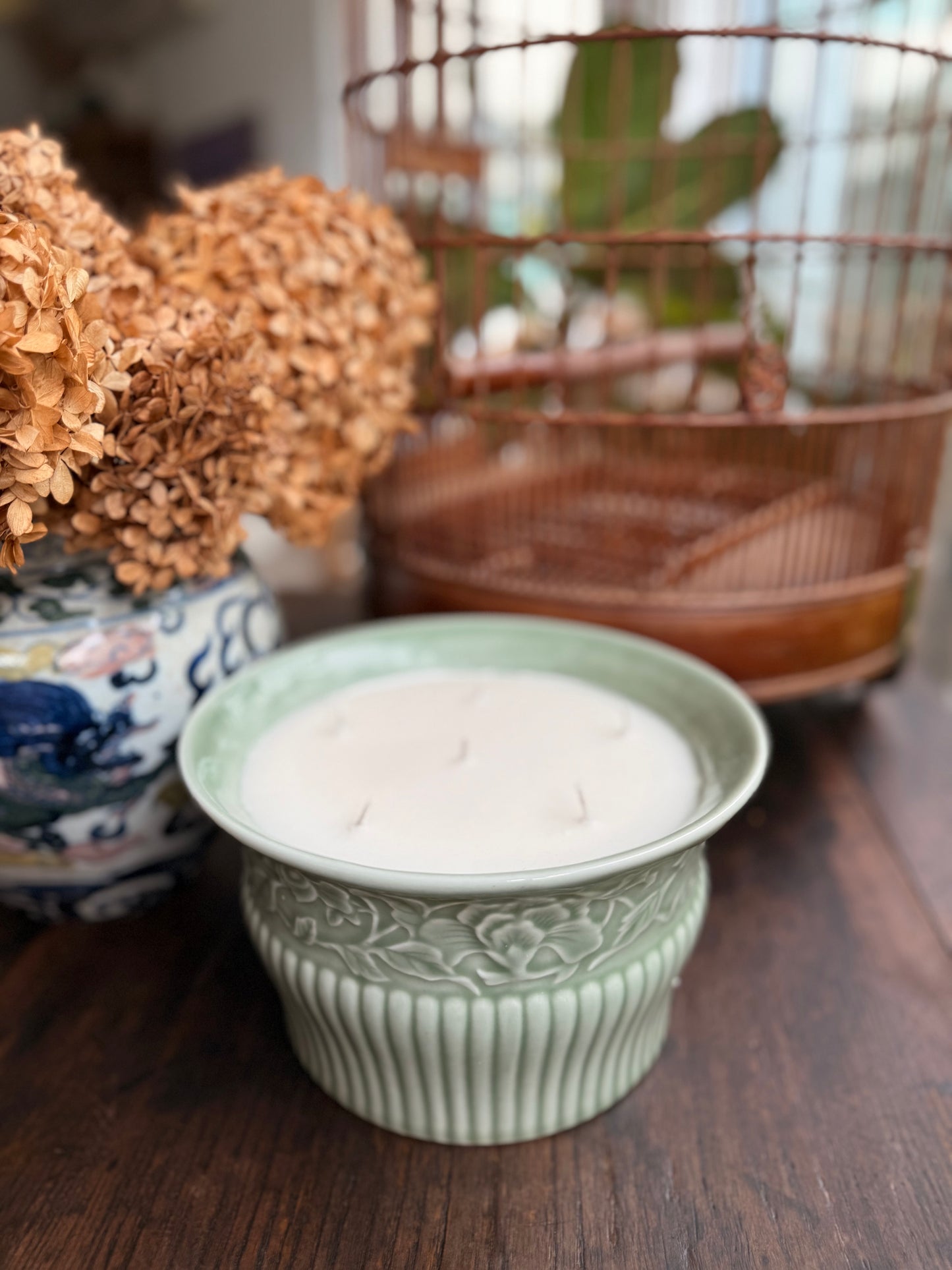 Large green celadon hand glazed vessel 6 wicks candle