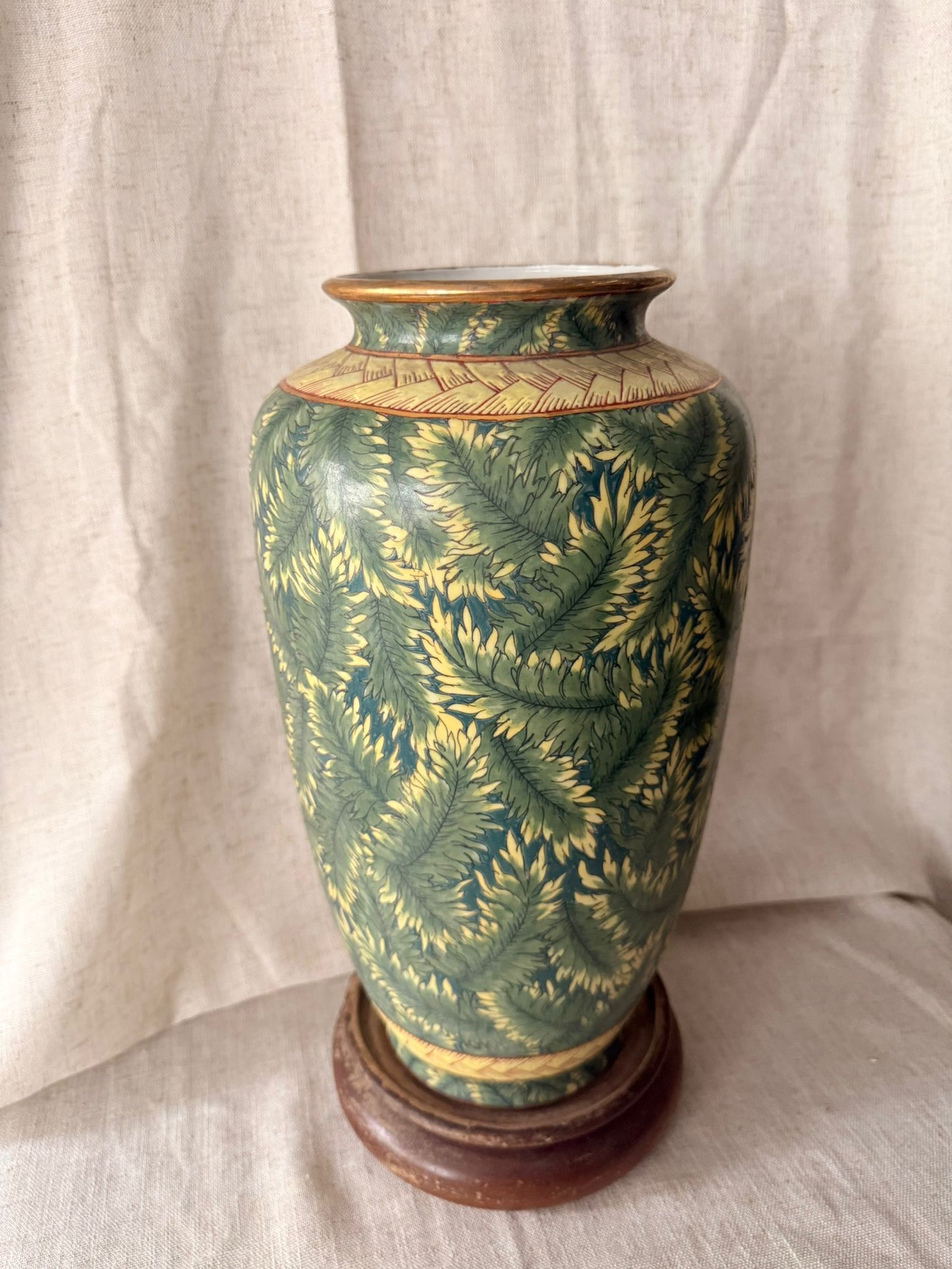 Green hand painted leafy tall Vase