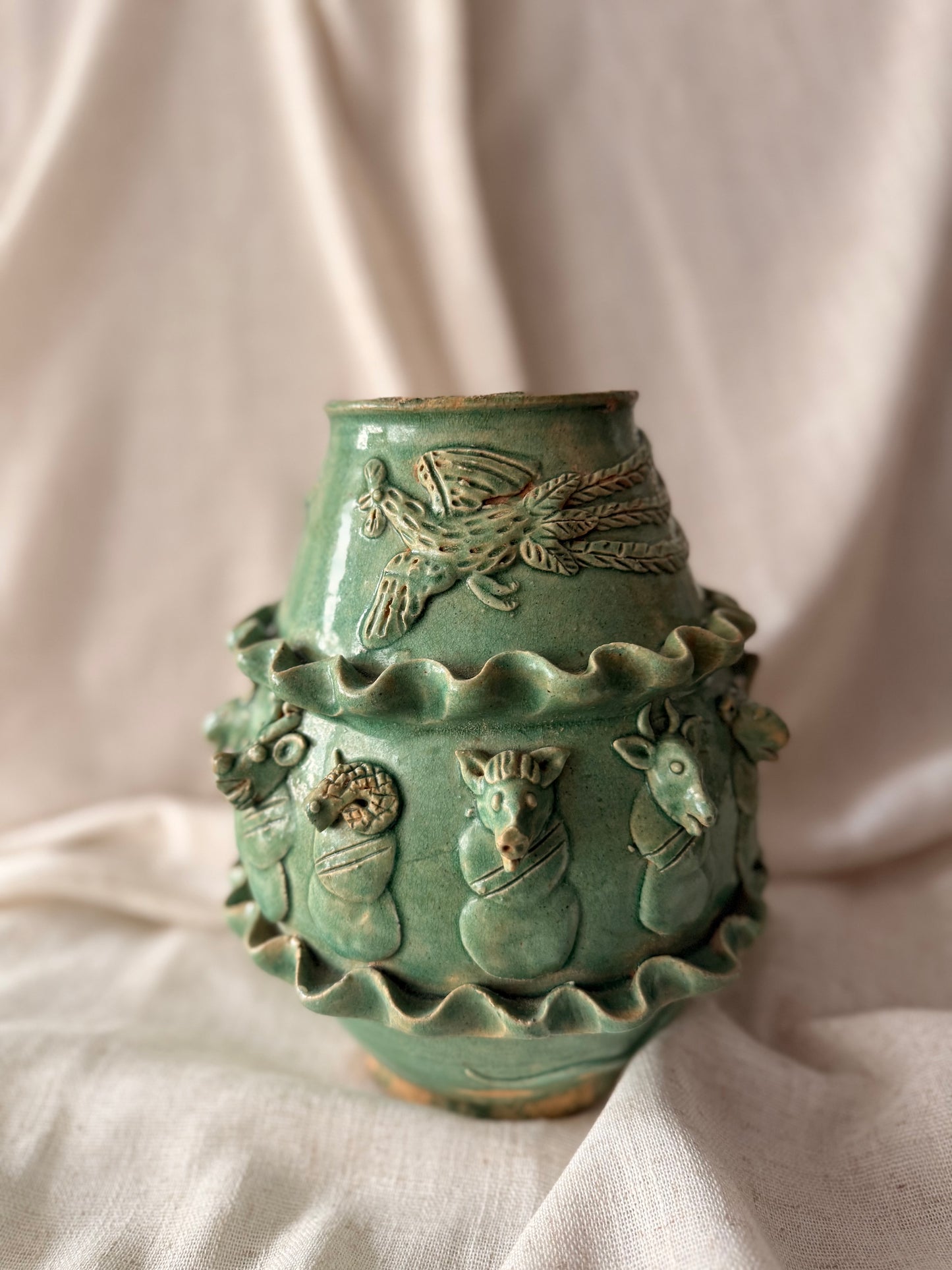 Zodiac animals green clay handmade vase