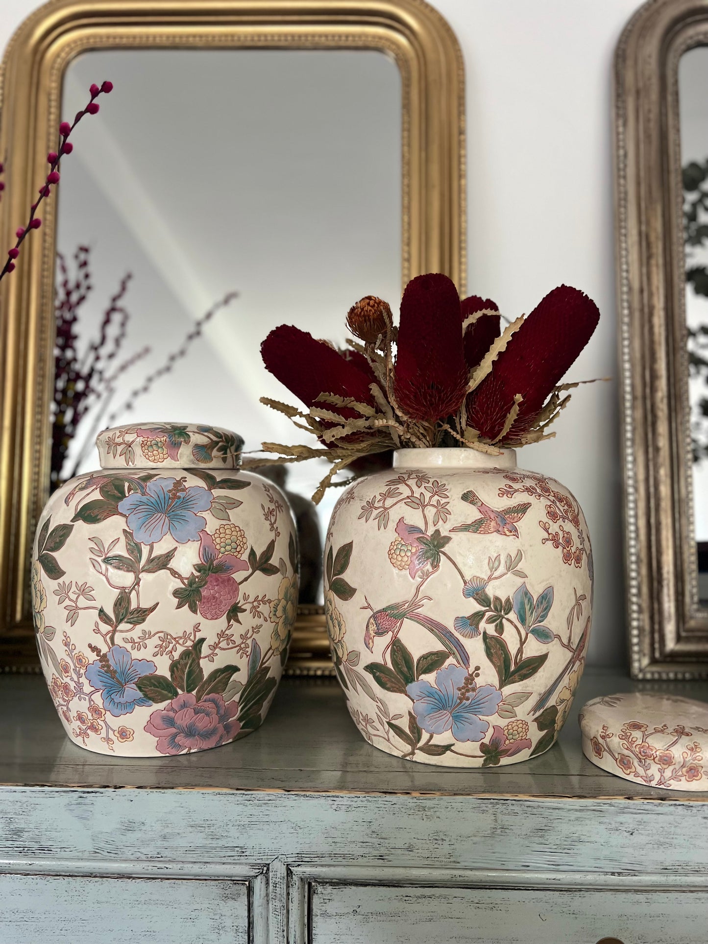 Cream and pastel birds and flowers large Ginger Jar