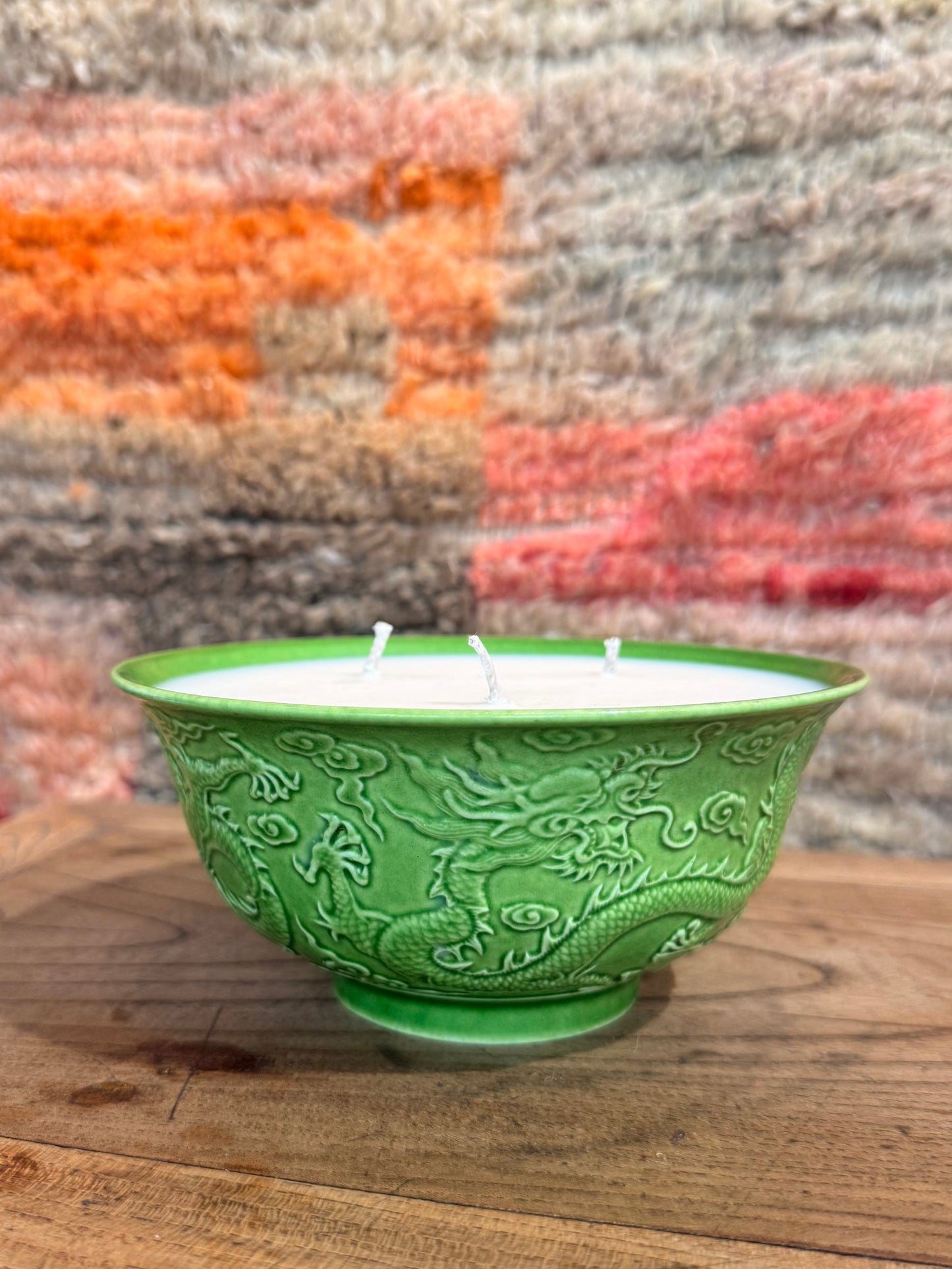 Green glazed dragon bowl medium candle