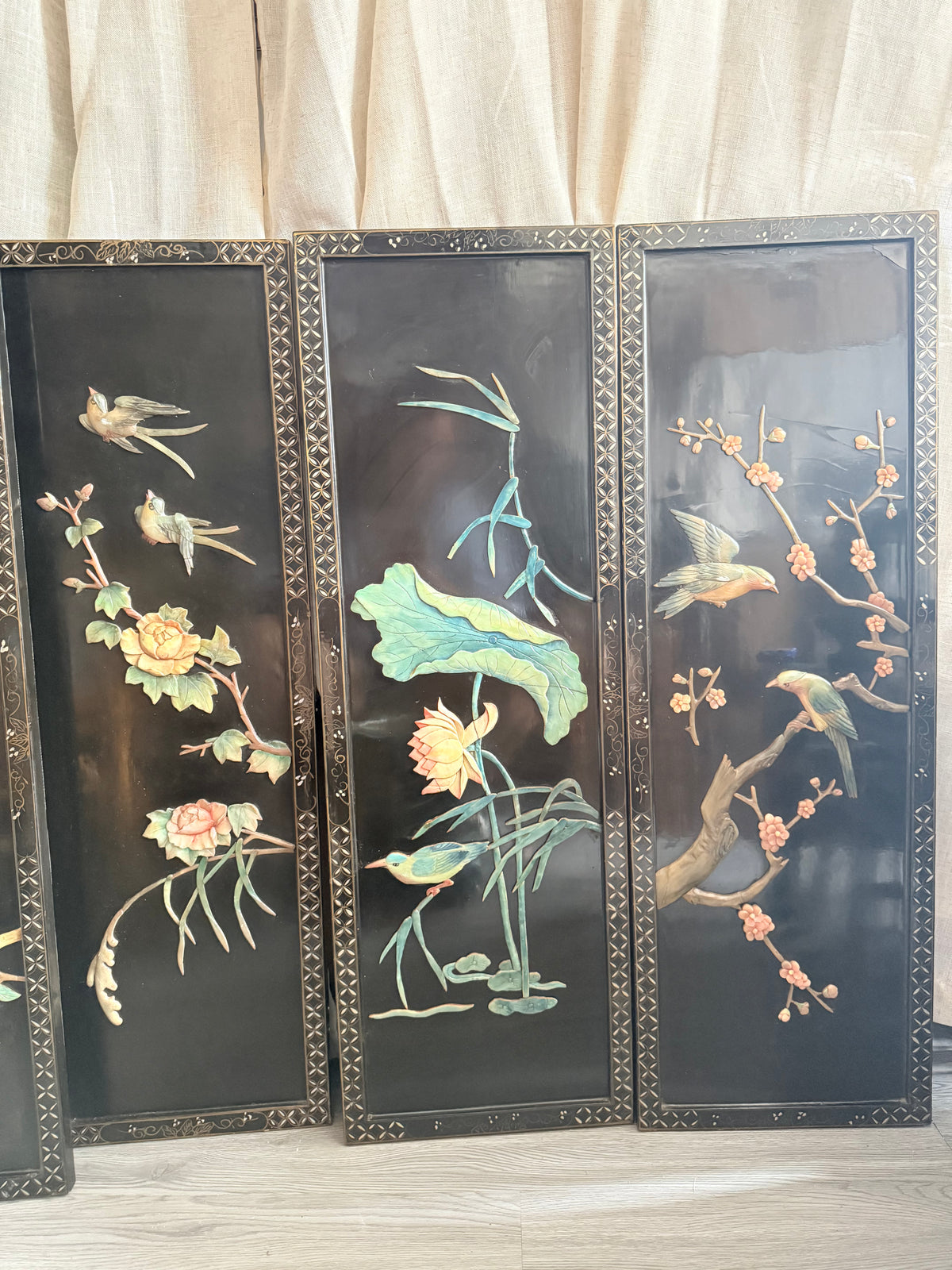 Lacquered black floral wooden Panels