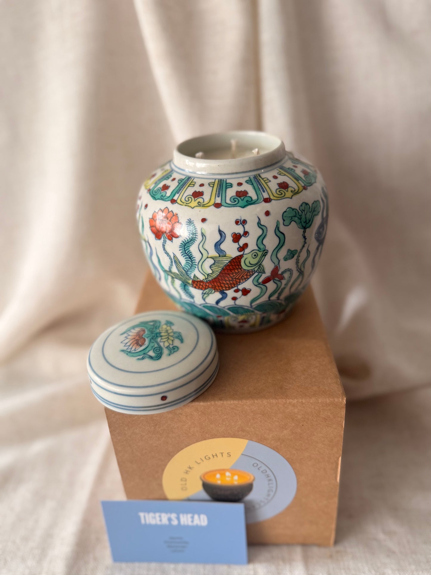 Hand painted fish pond ceramic box 3 wicks candle