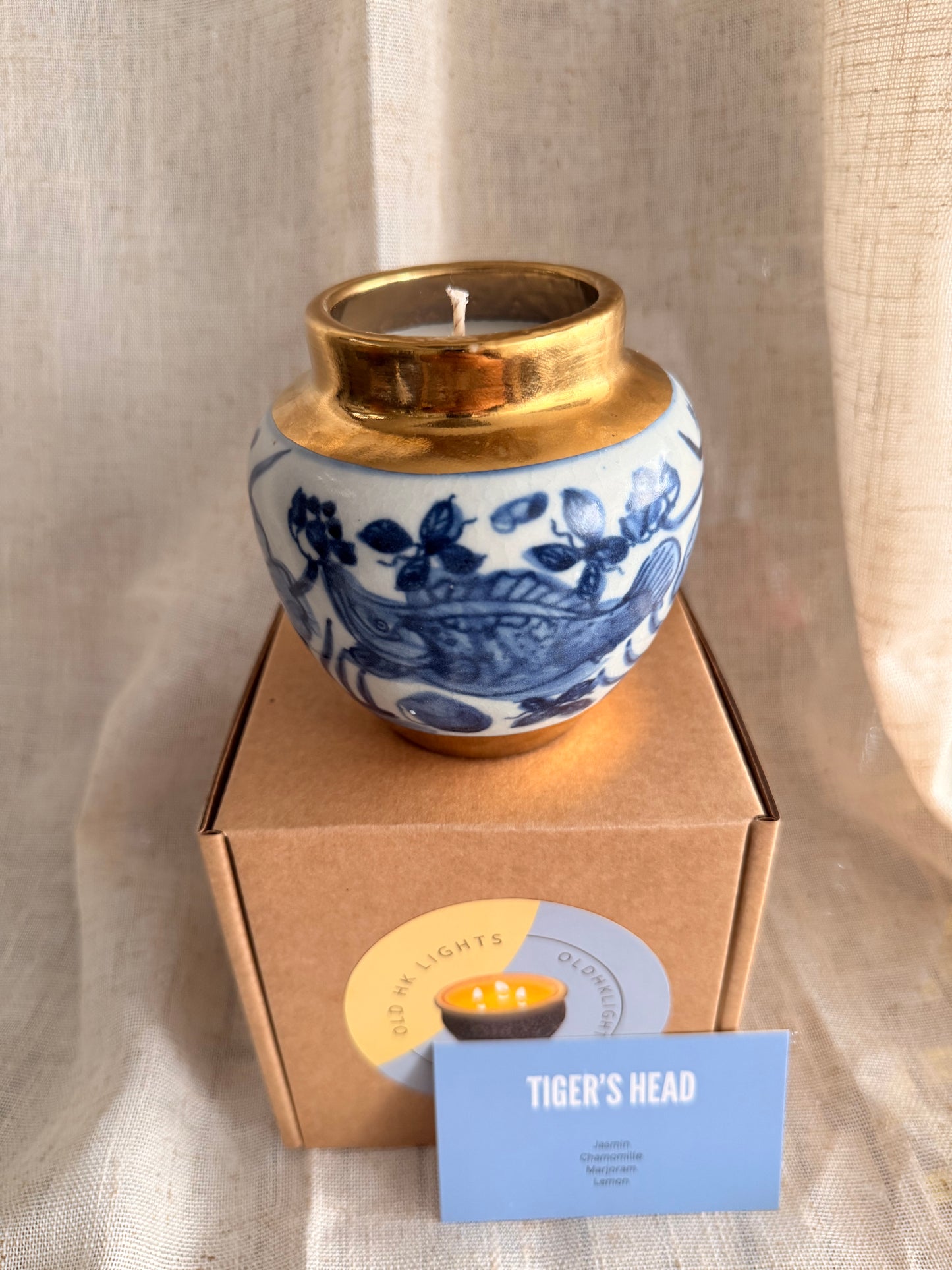 Blue white and gold small jar candle