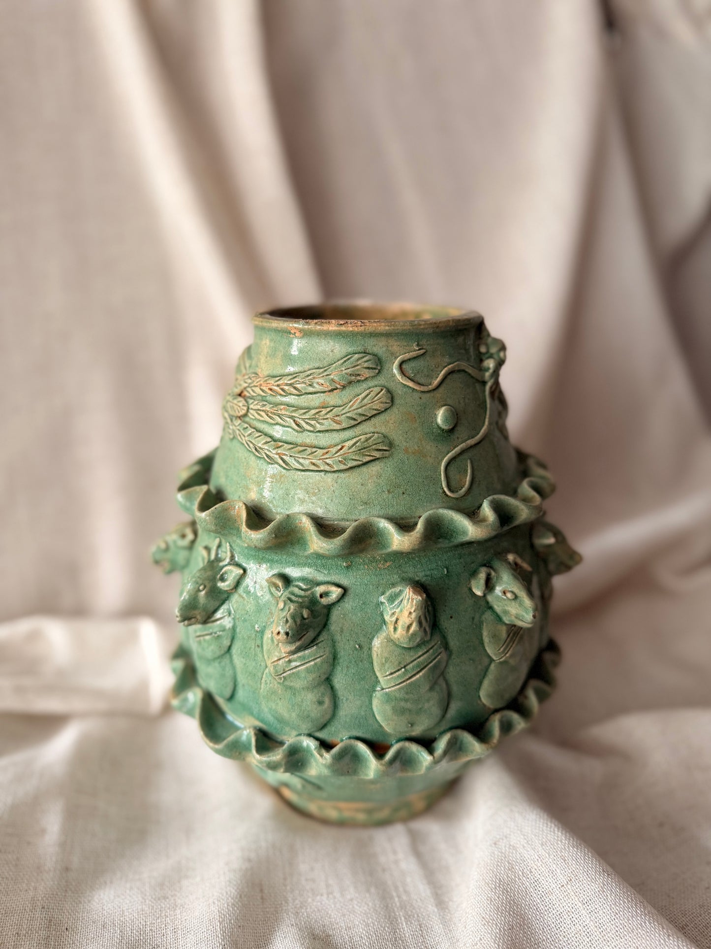 Zodiac animals green clay handmade vase