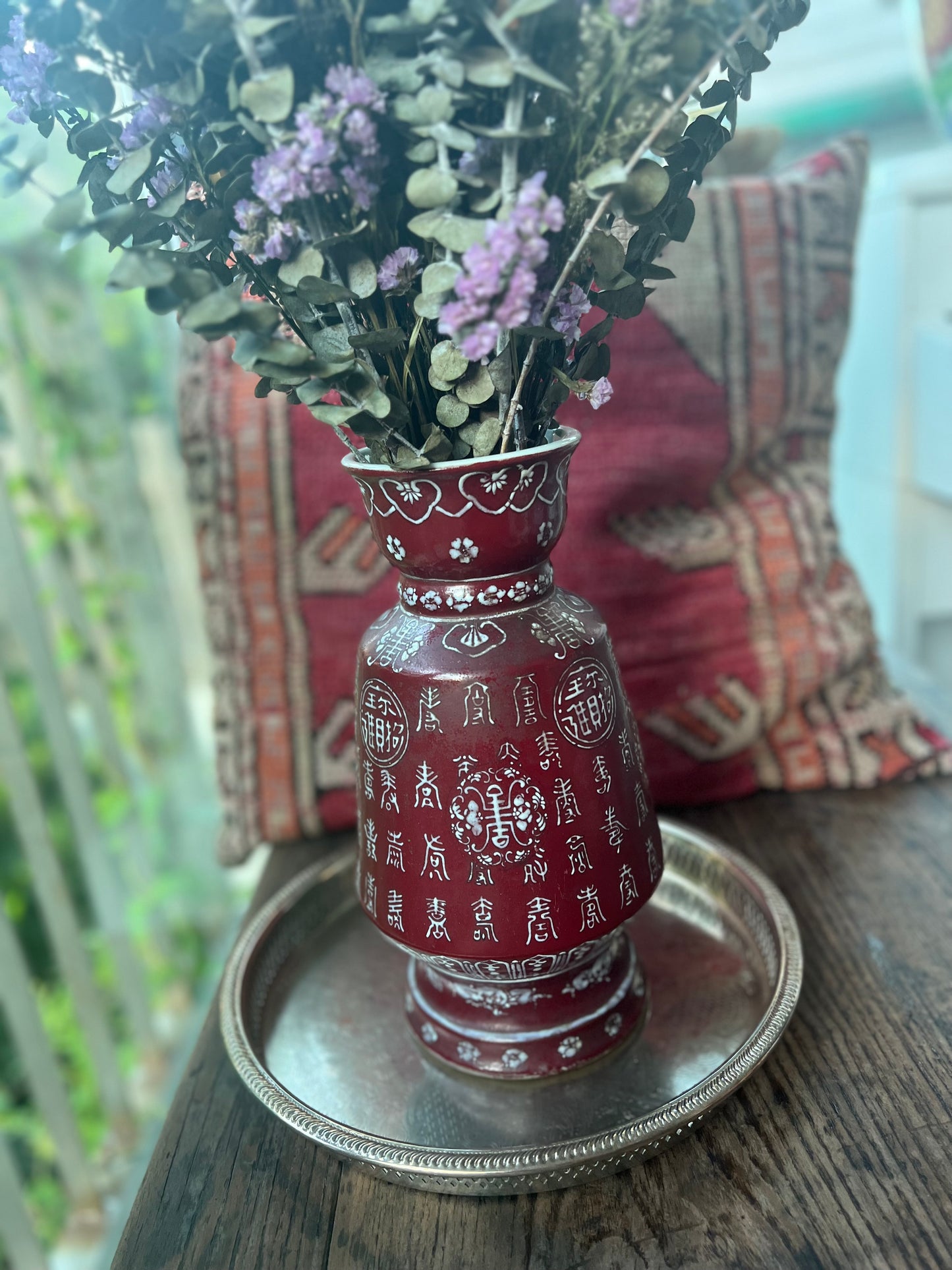 Burgundy Chinese characters 30cm vintage vase