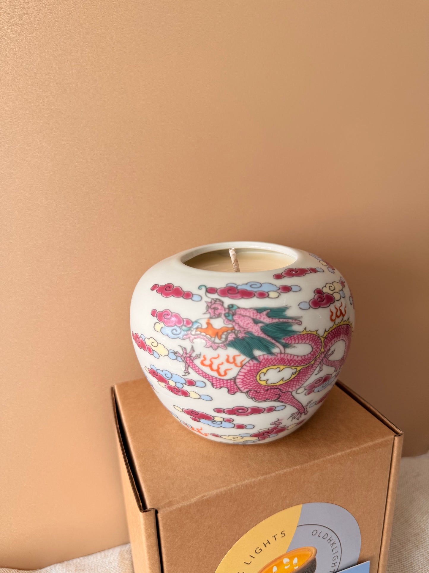 Small pink dragon ginger jar vase candle