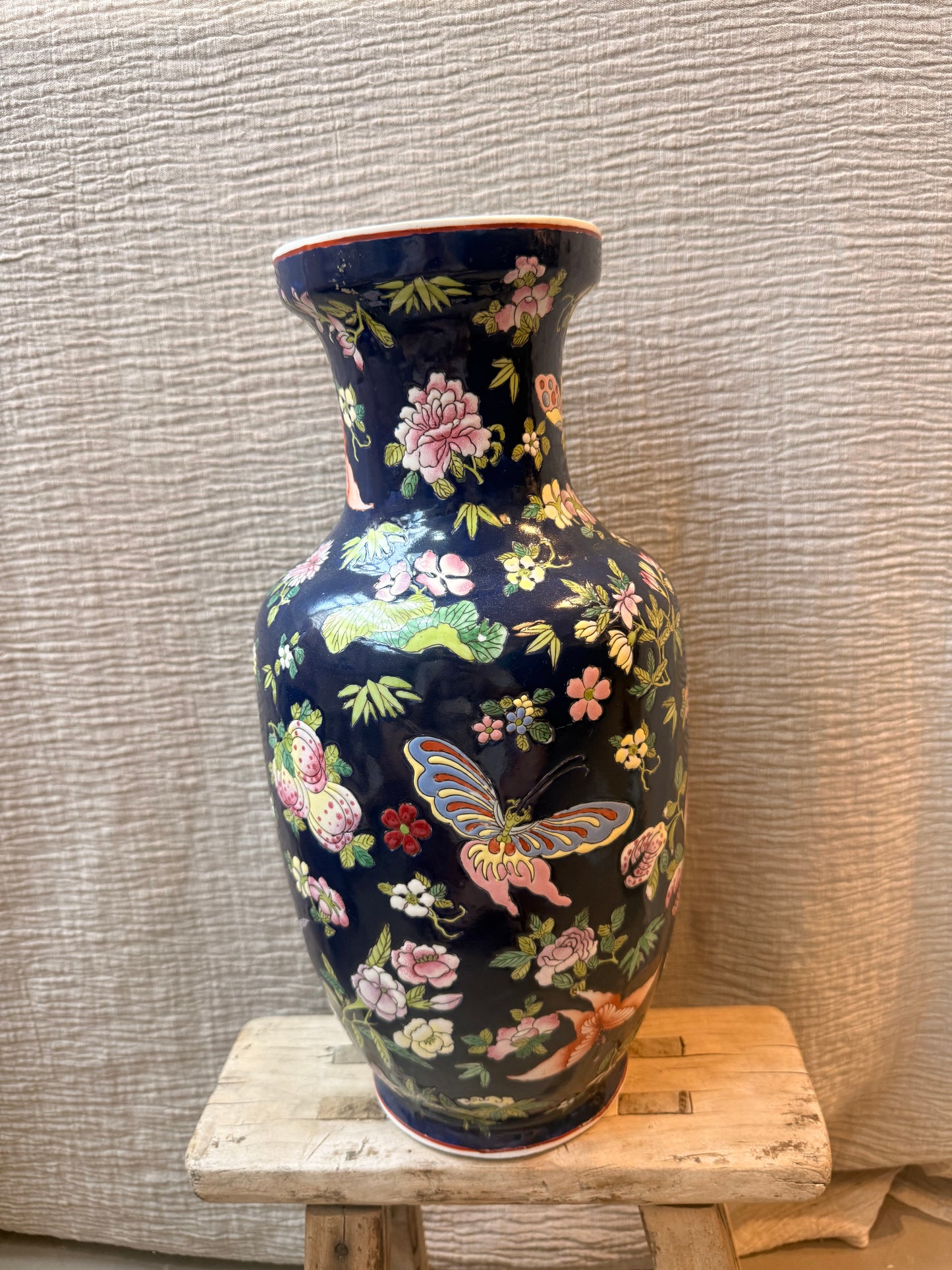 Navy birds and butterfly hand painted Vase
