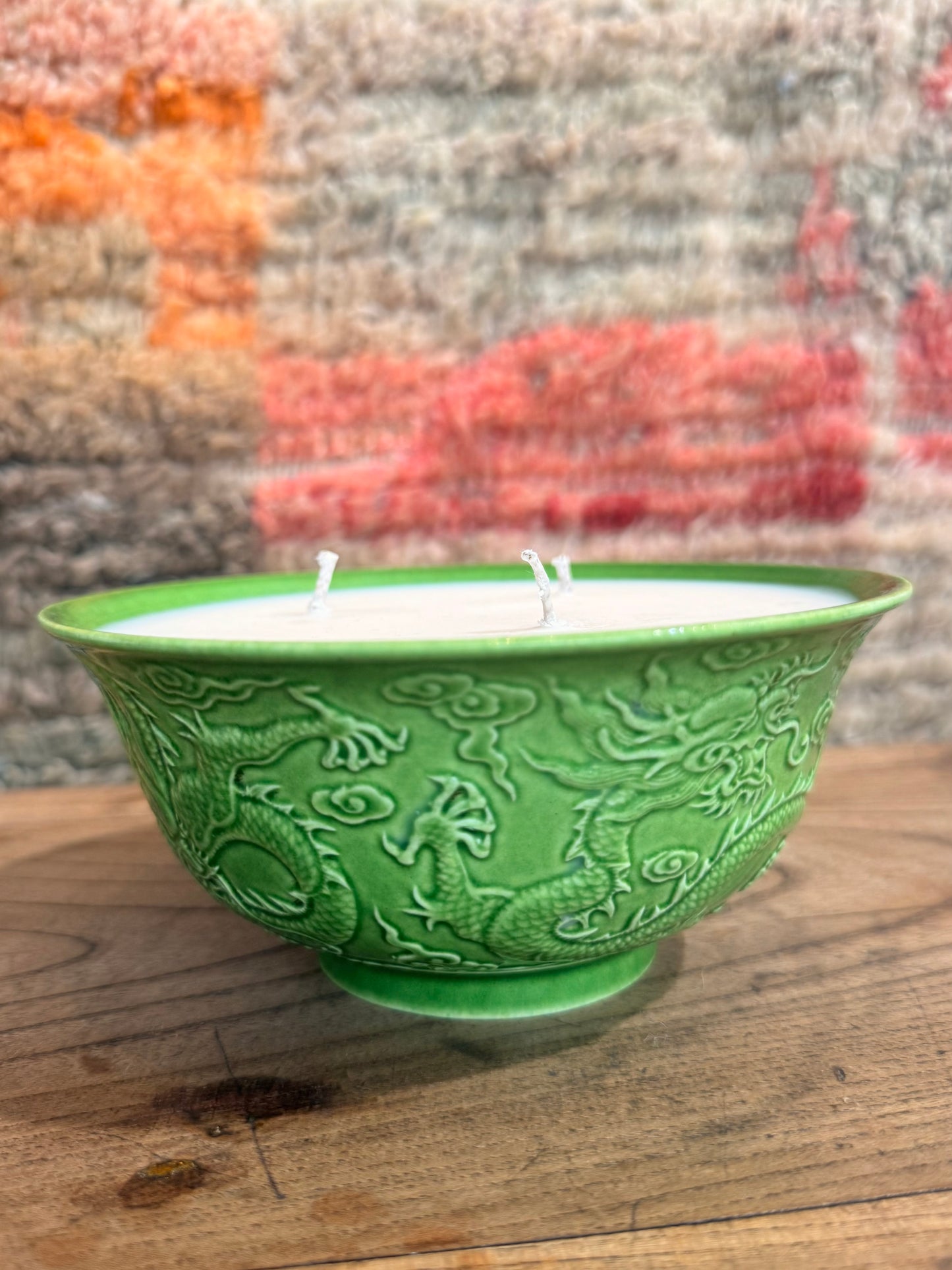 Green glazed dragon bowl medium candle