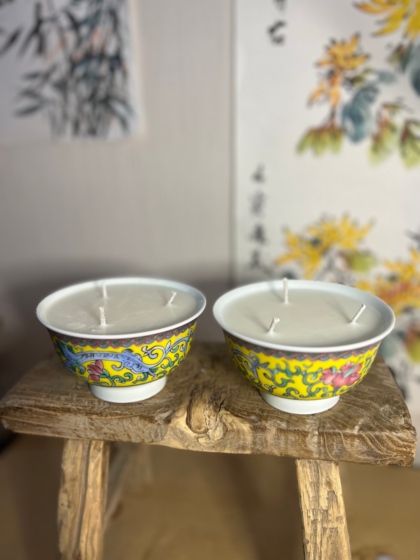 Pair of yellow dragon flower candles