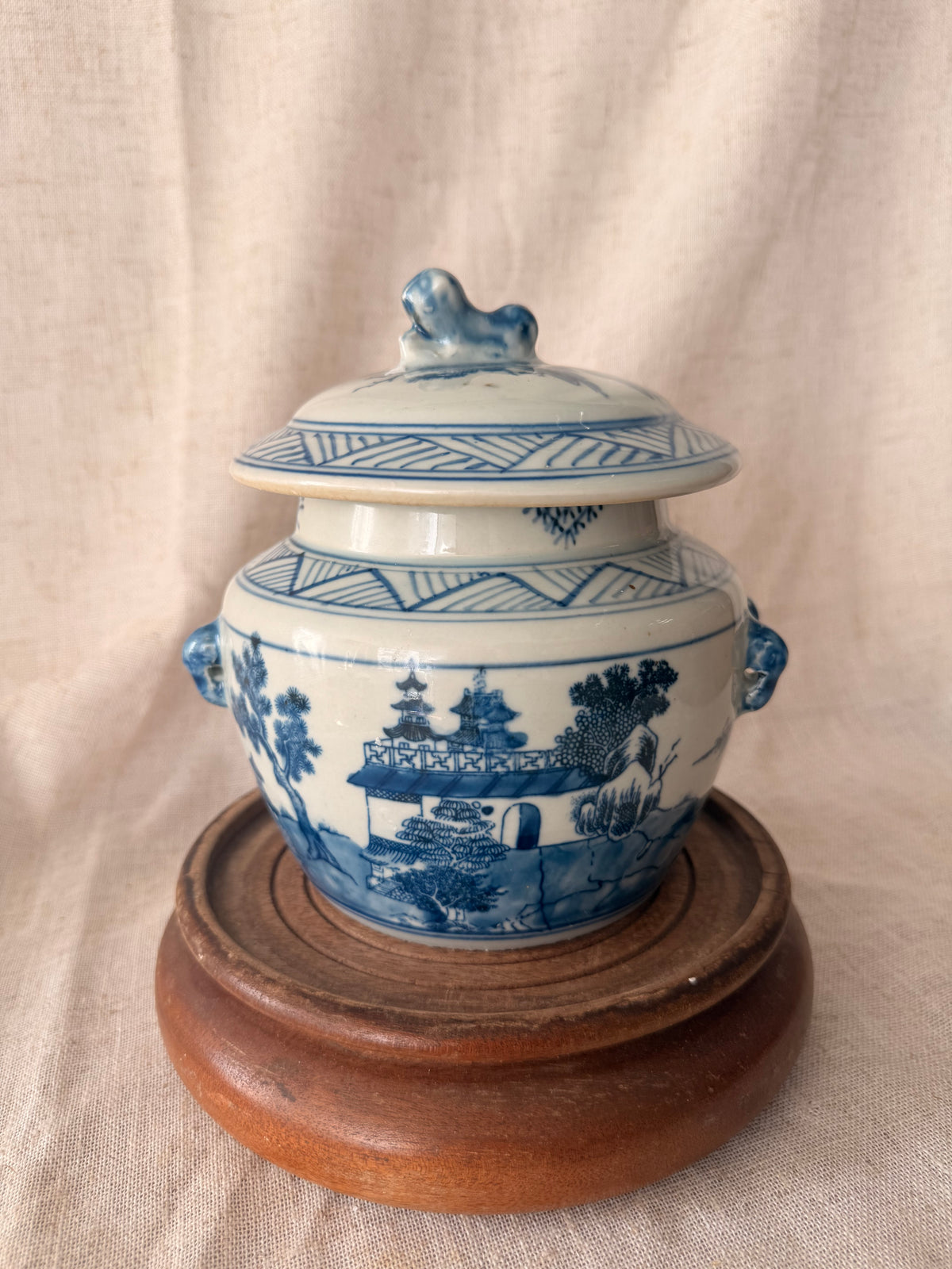 Large blue and white landscape jar Candle