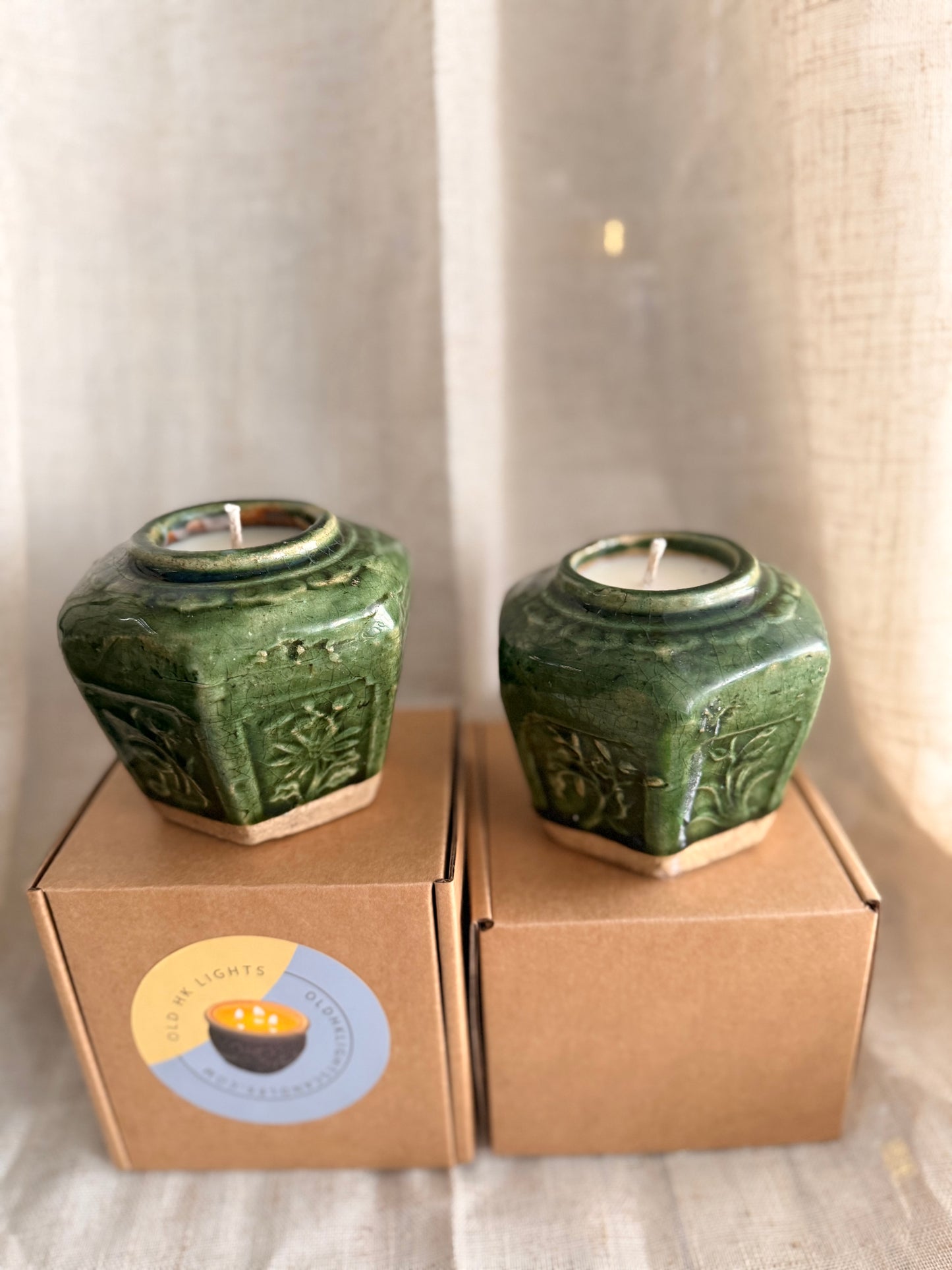 Antique small green jar candle