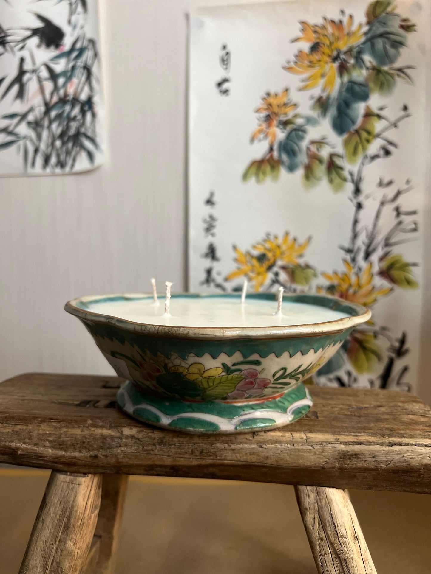 Antique hand-painted bowl 4 wicks Candle