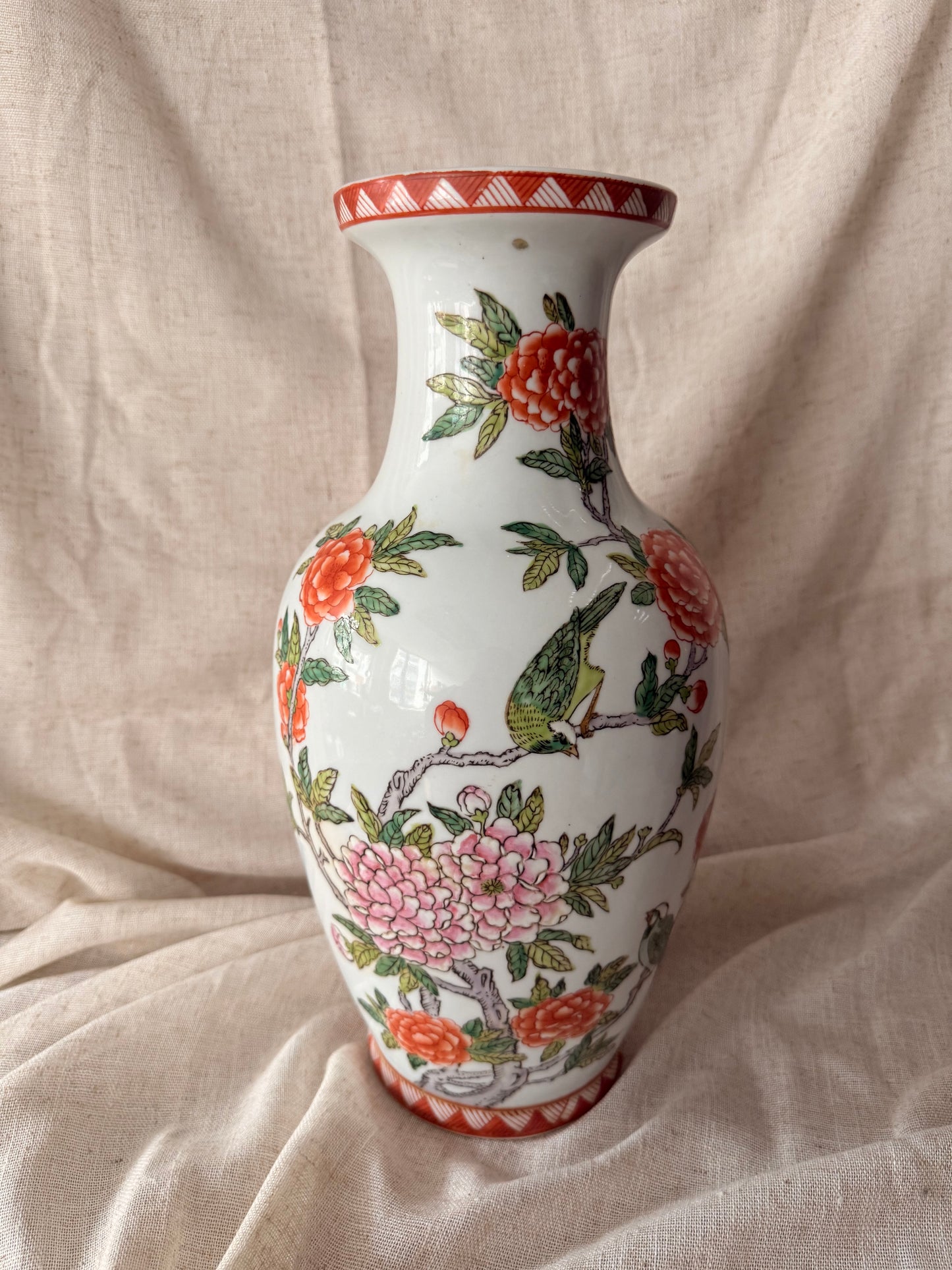 Hand painted in HK stunning blooms and bird vase