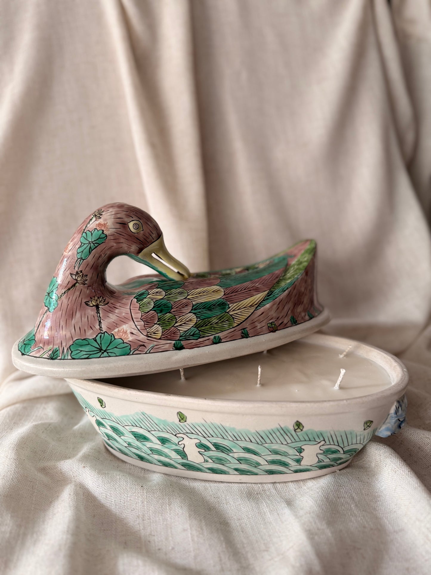 Unique hand painted duck vessel 8 wicks candle