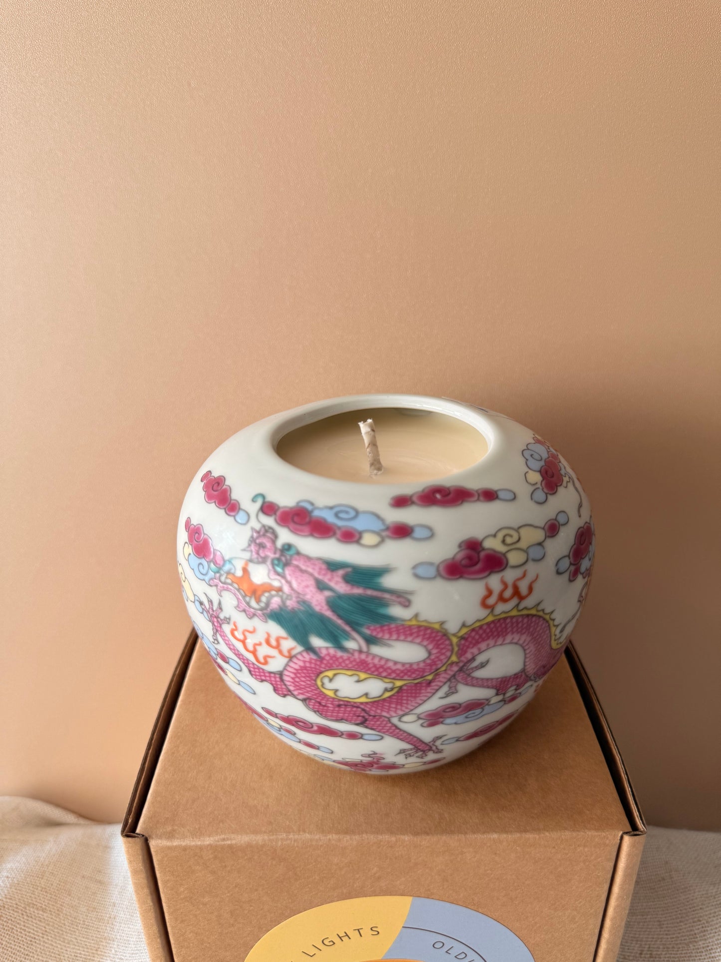 Small pink dragon ginger jar vase candle