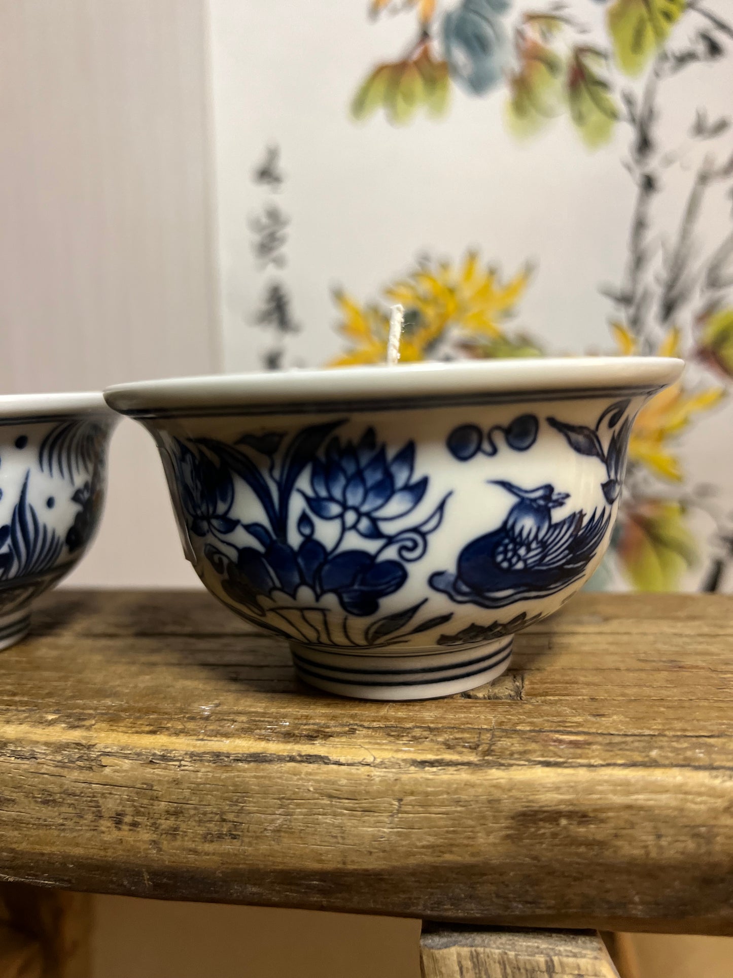 Set of 2 blue and white tea bowl candles