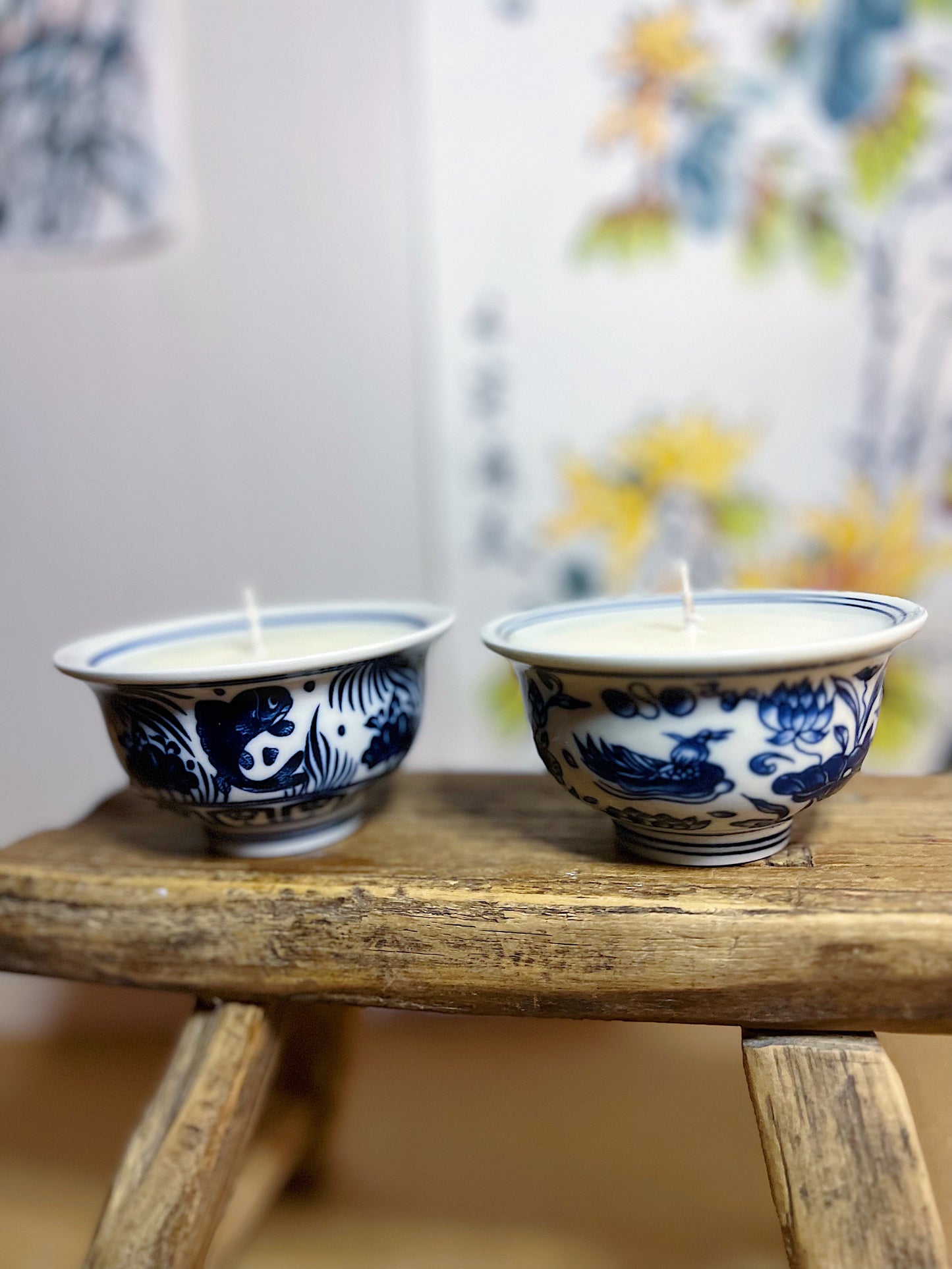 Set of 2 blue and white tea bowl candles