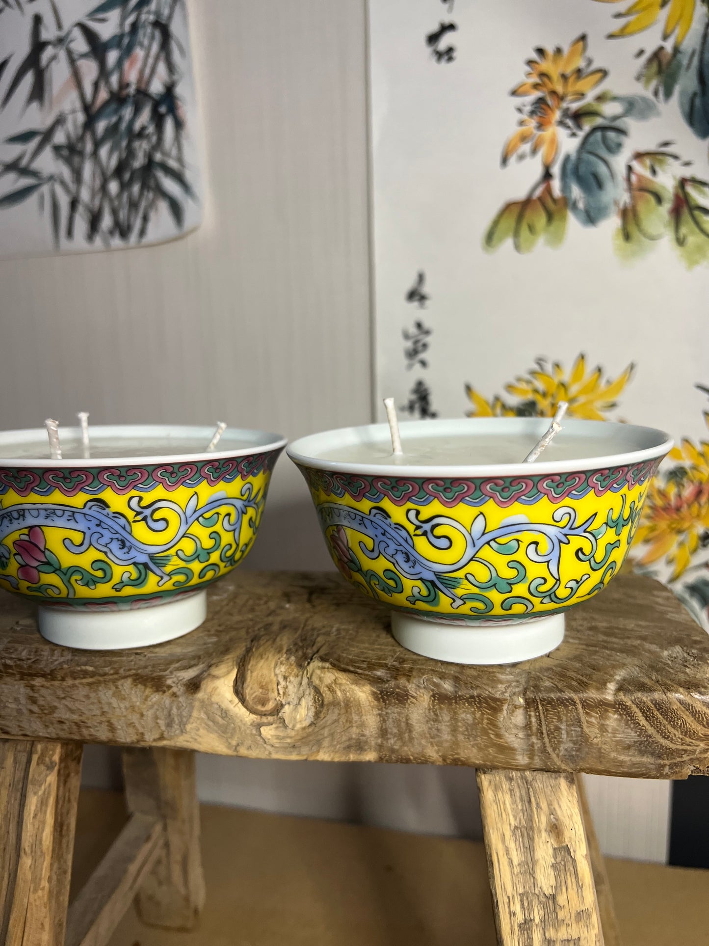 Pair of yellow dragon flower candles