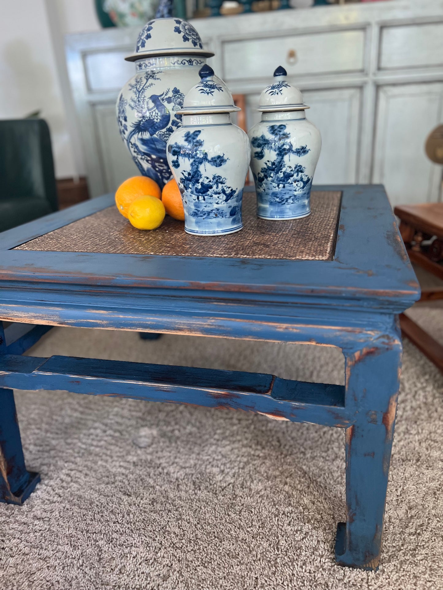 Elm wood antique renovated blue coffee table