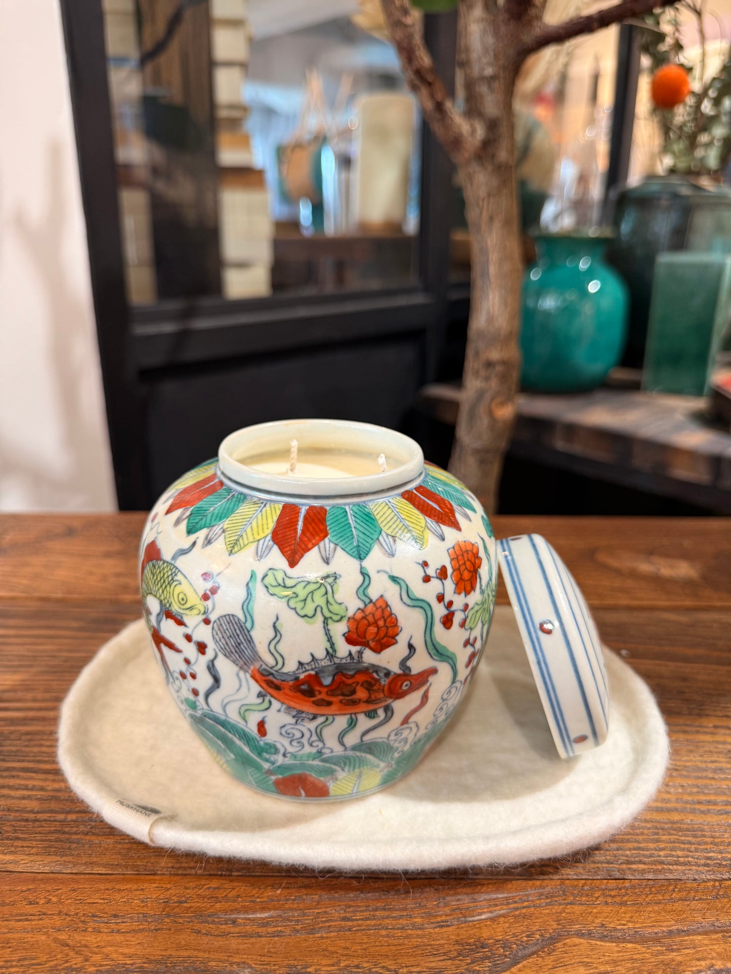 Hand painted fish pond ceramic box 3 wicks candle