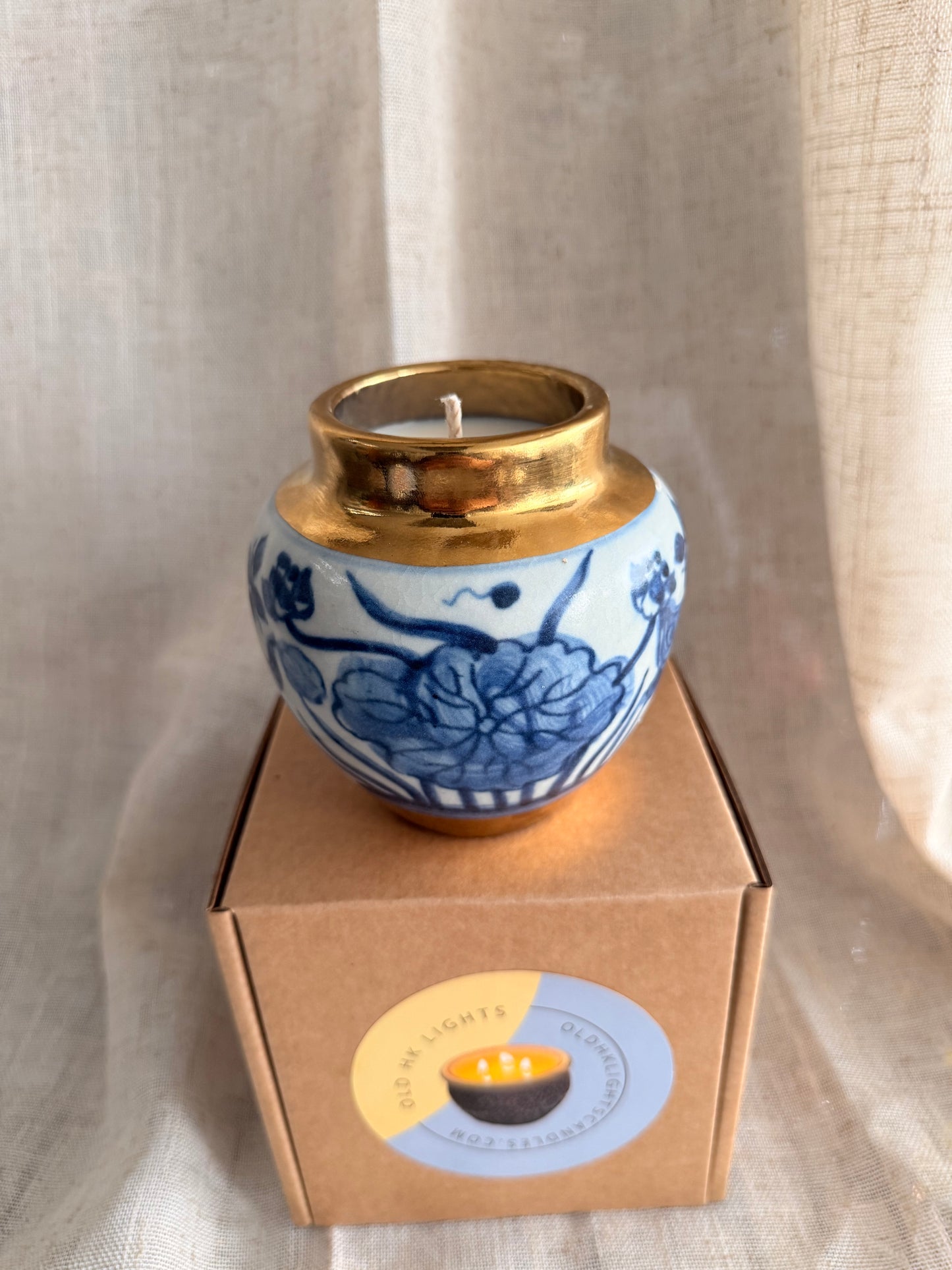 Blue white and gold small jar candle