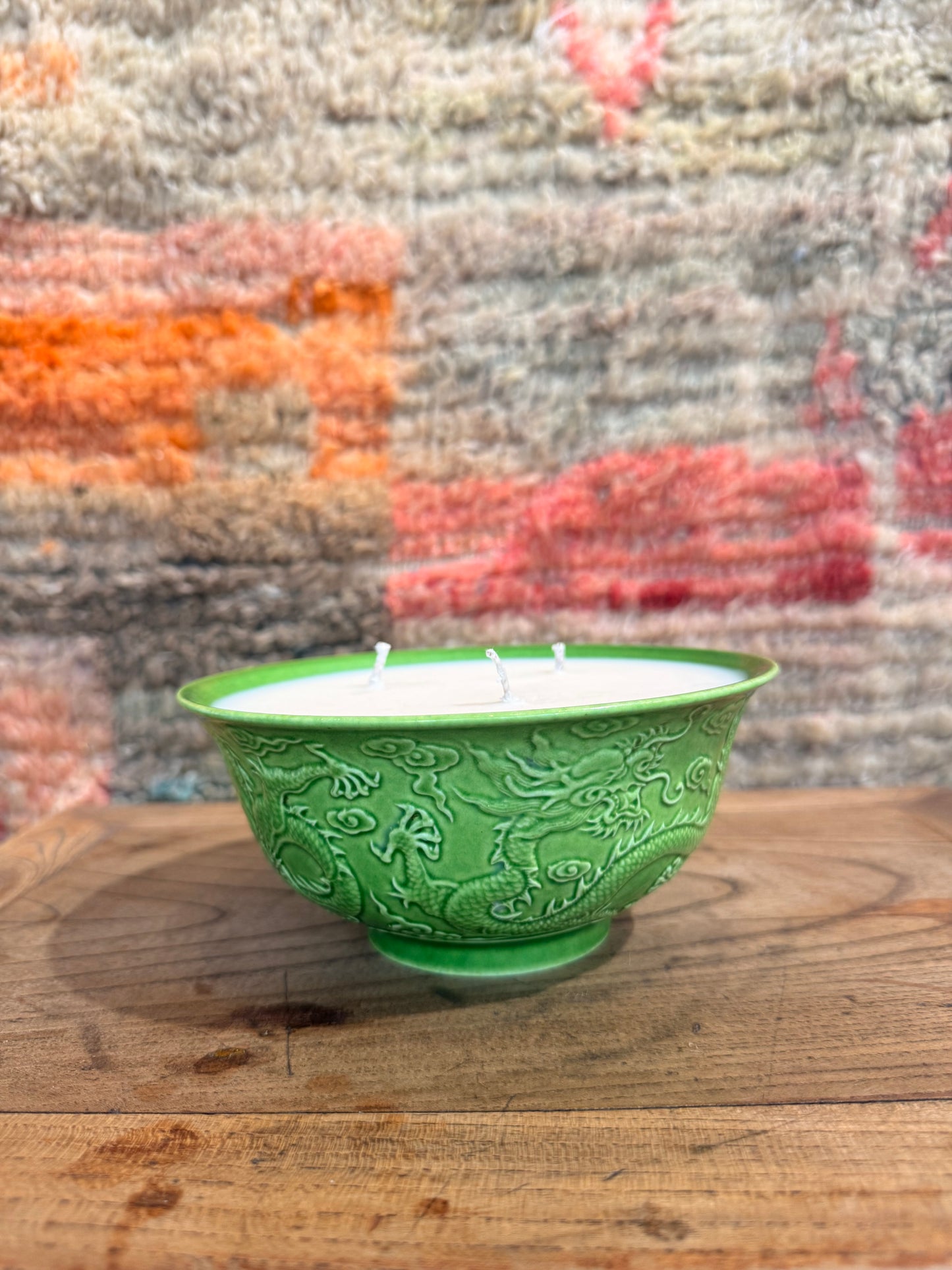 Green glazed dragon bowl medium candle