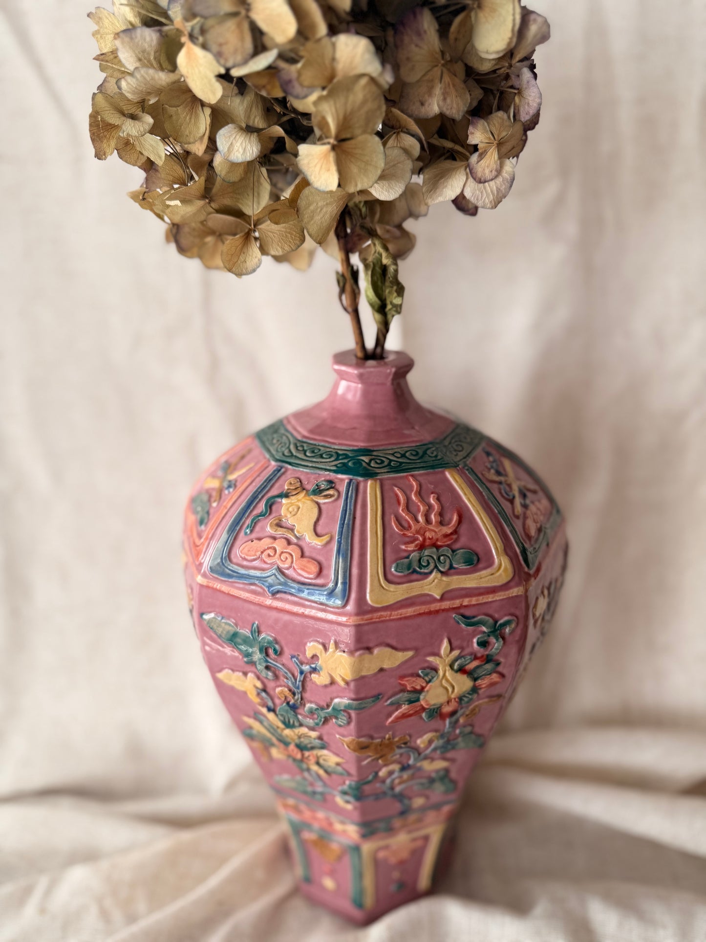 Pink peonies vintage ceramic vase