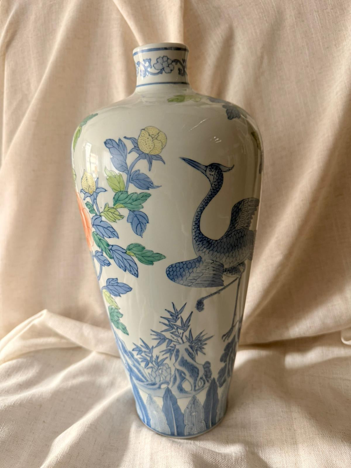 Tall peonies and crane hand painted Vase