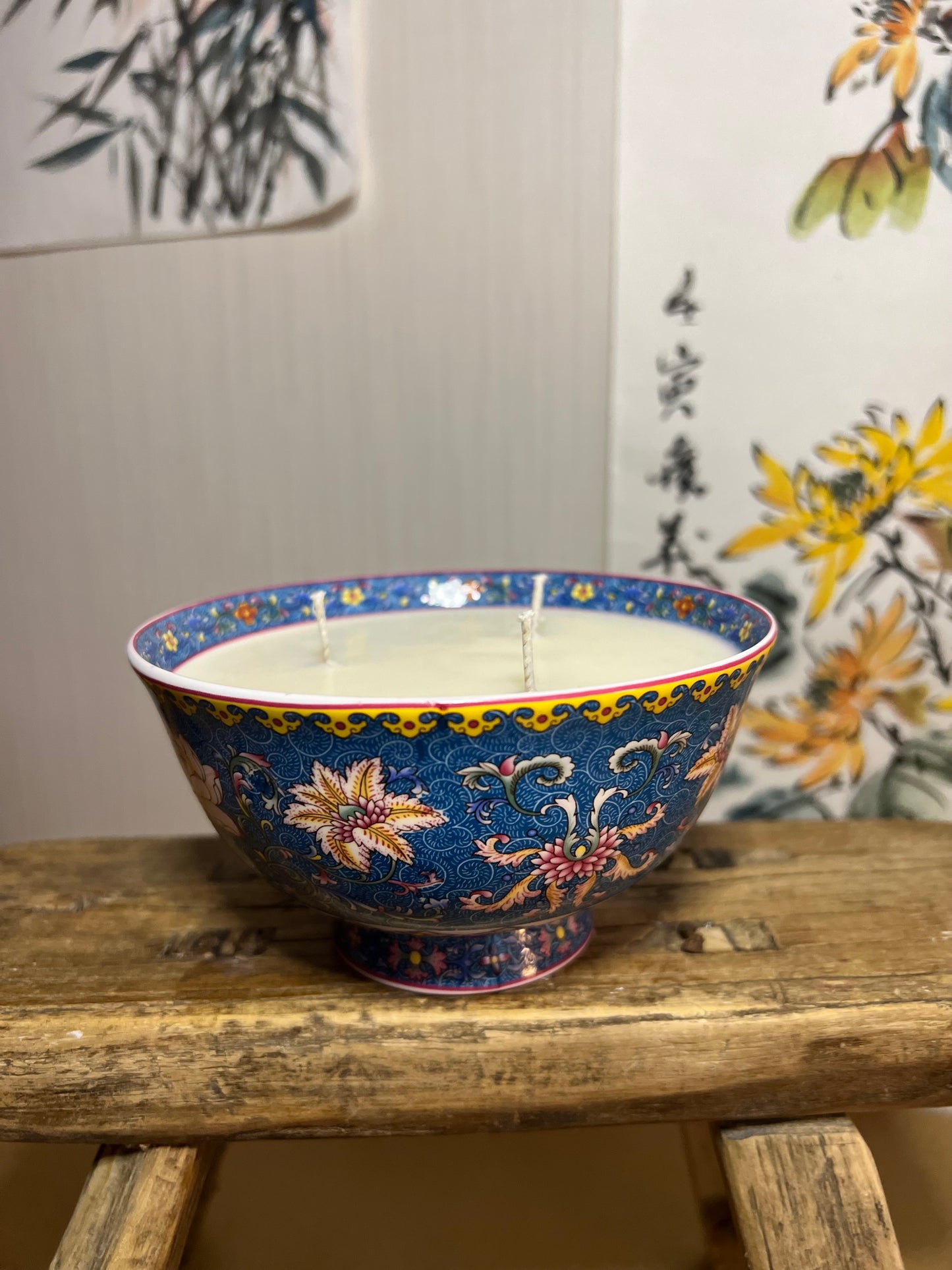 Blue and pink lotus 3 wicks bowl candle