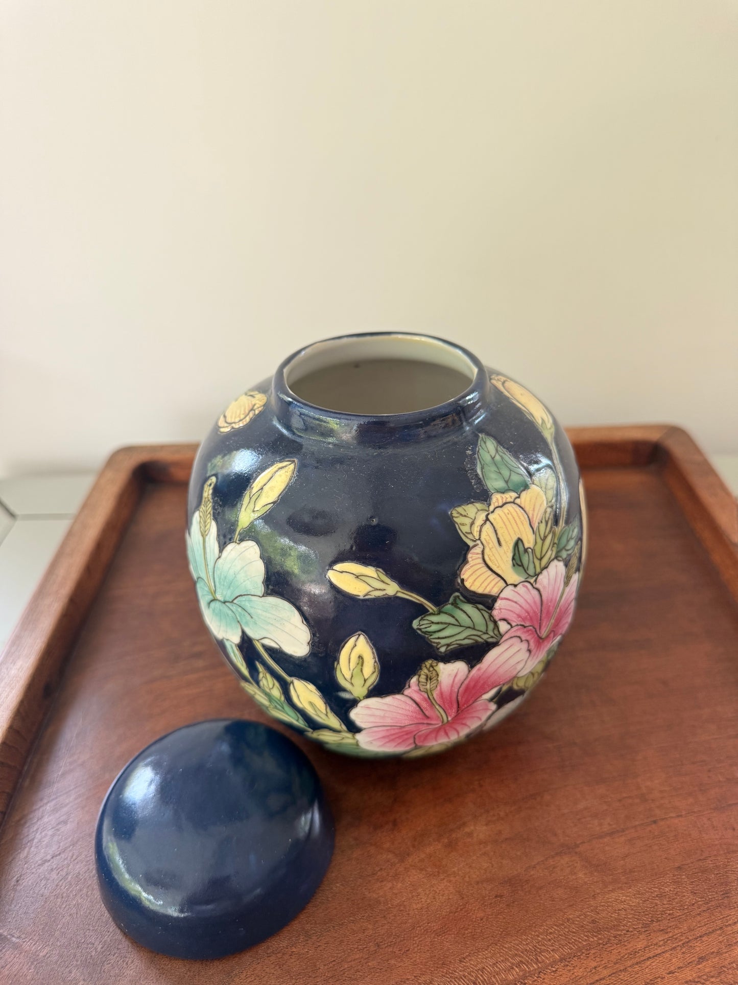 Small hand-painted in HK floral Ginger Jar