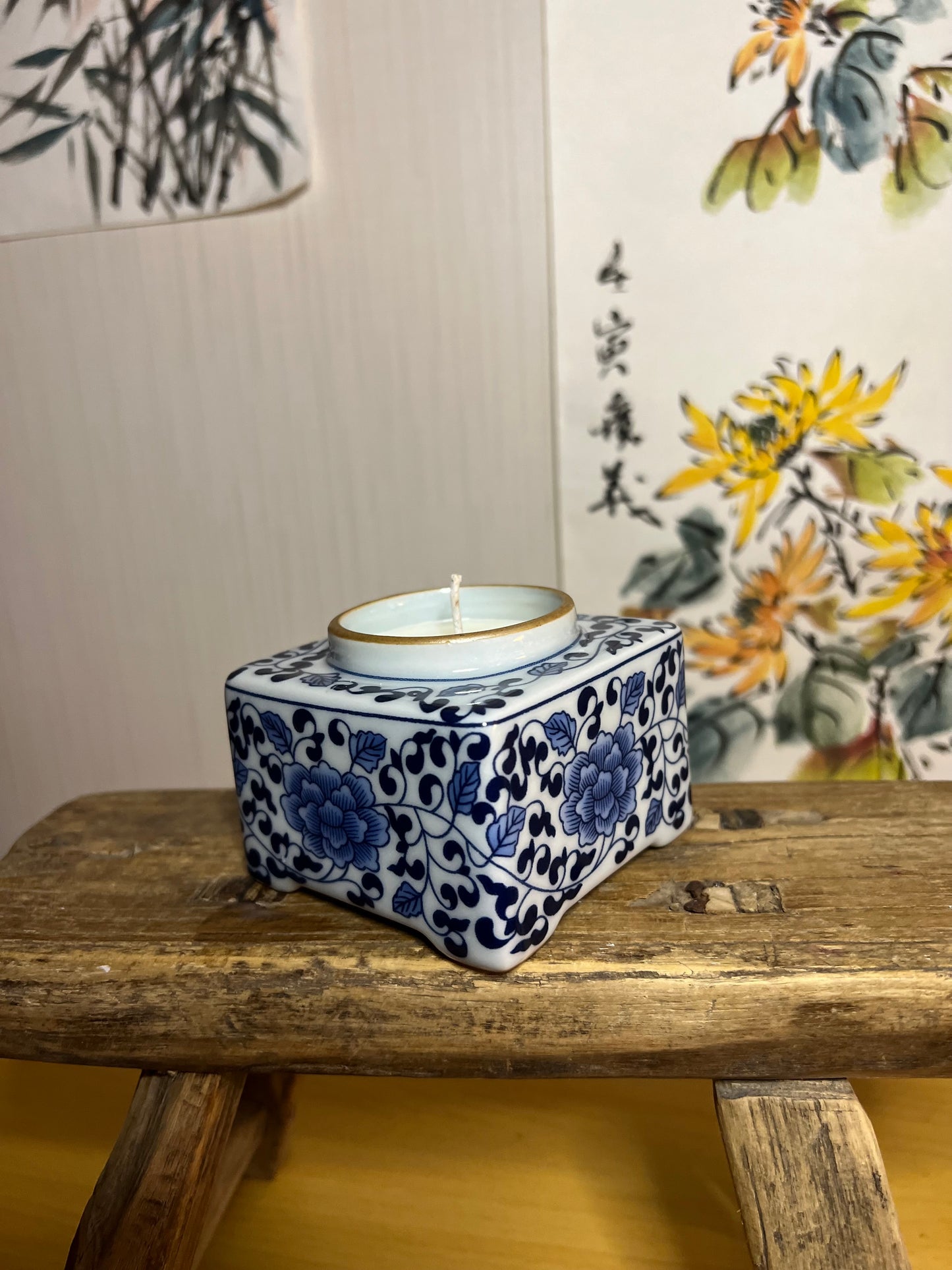 Ink vessel square shaped blue and white Cheung Chau candle