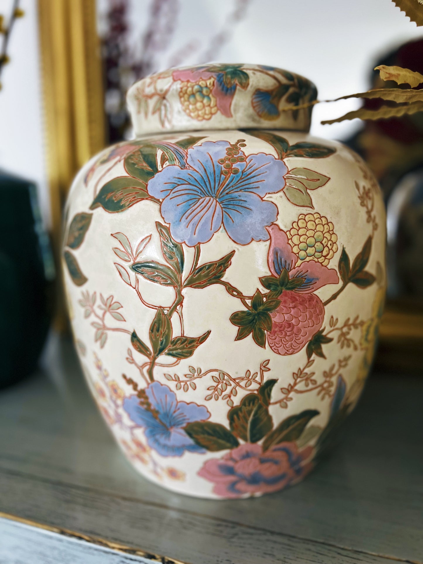 Cream and pastel birds and flowers large Ginger Jar