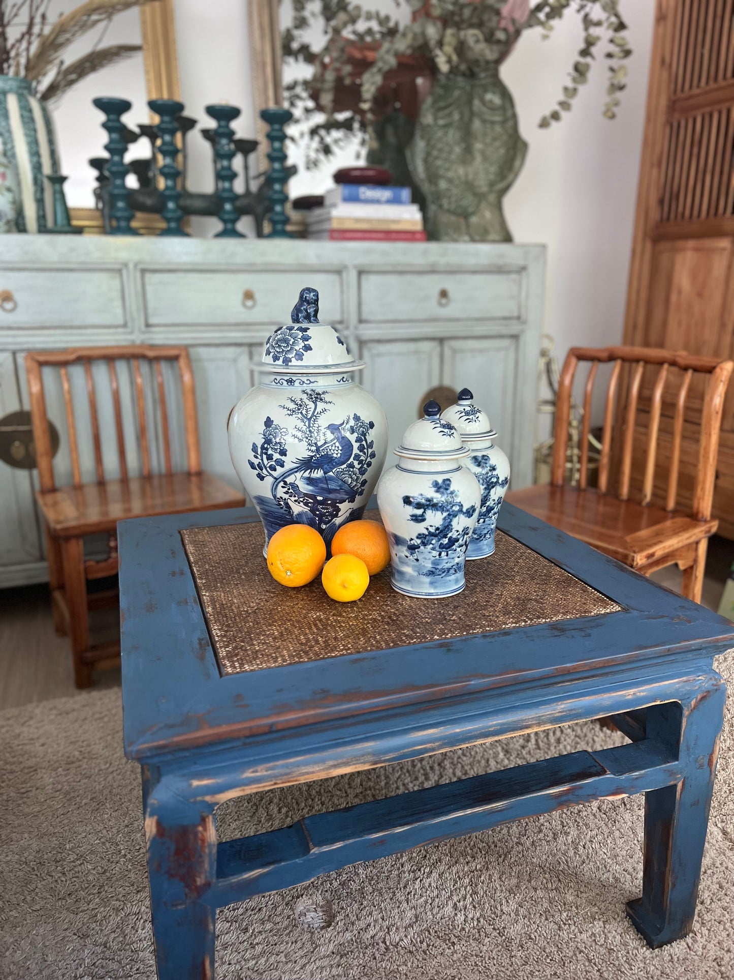 Elm wood antique renovated blue coffee table