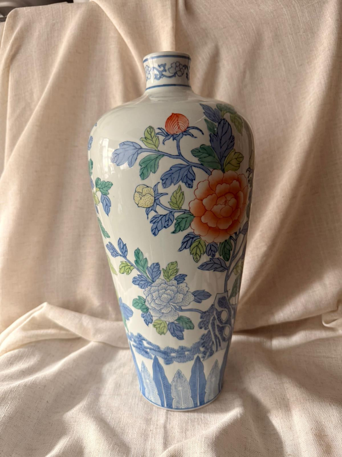 Tall peonies and crane hand painted Vase